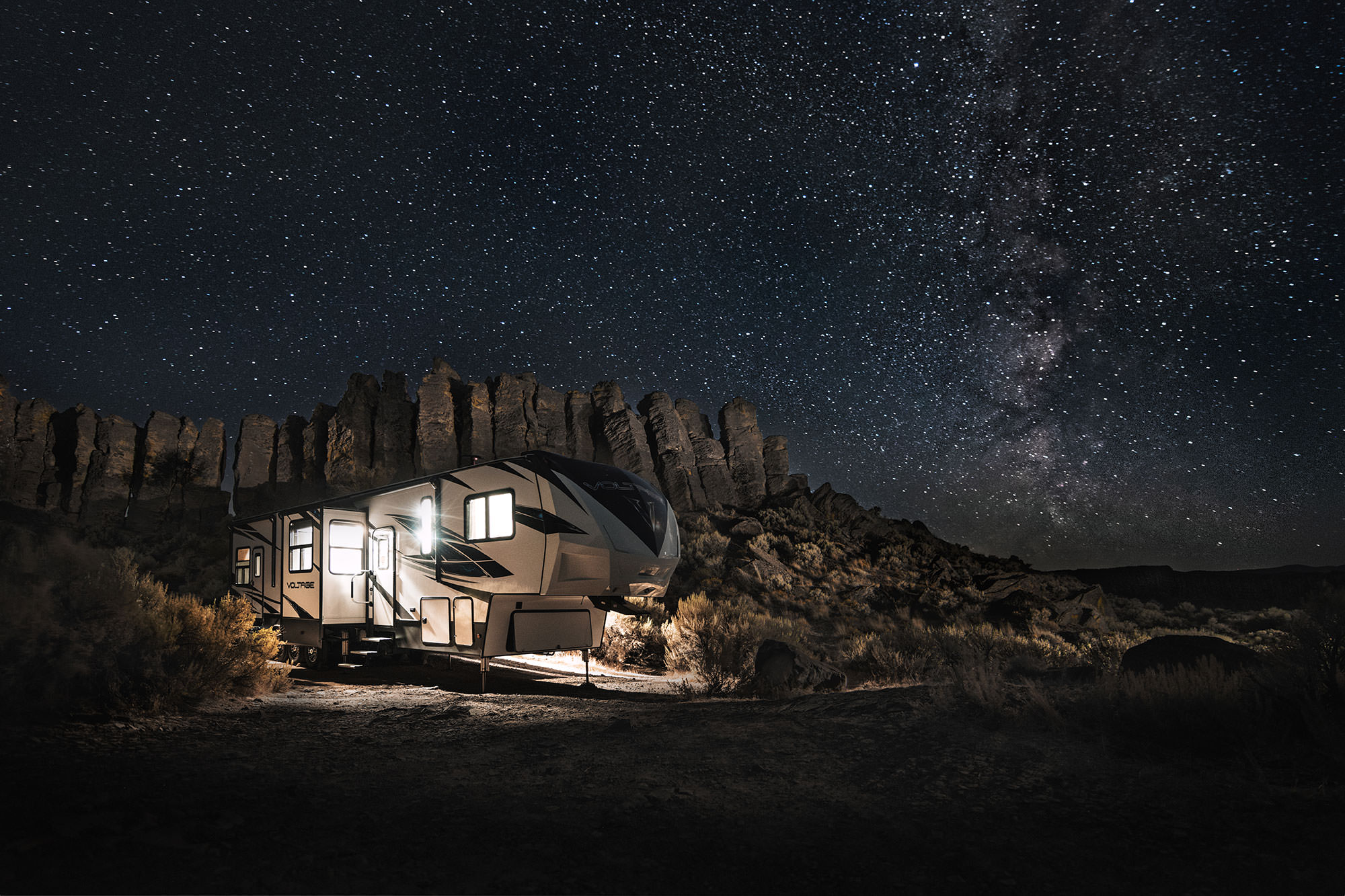 Keystone Voltage Fifth Wheel at Night