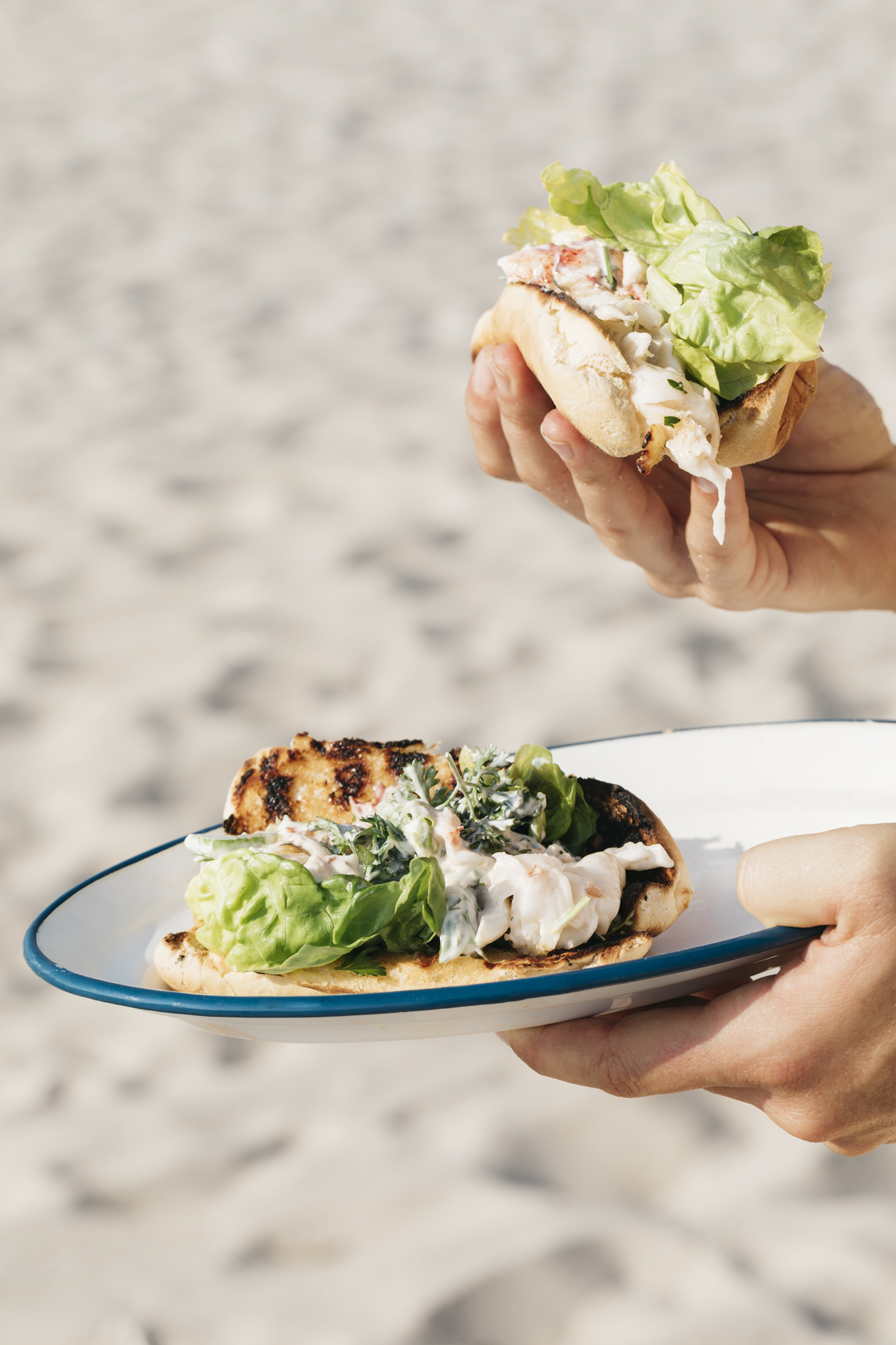 A creamy lobster roll on a toasted bun with lettuce garnish. 