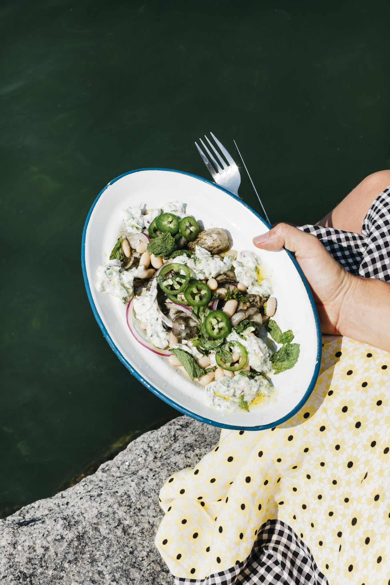 A plate of squid and bean salad with freshly cut jalapeño slices on top. 