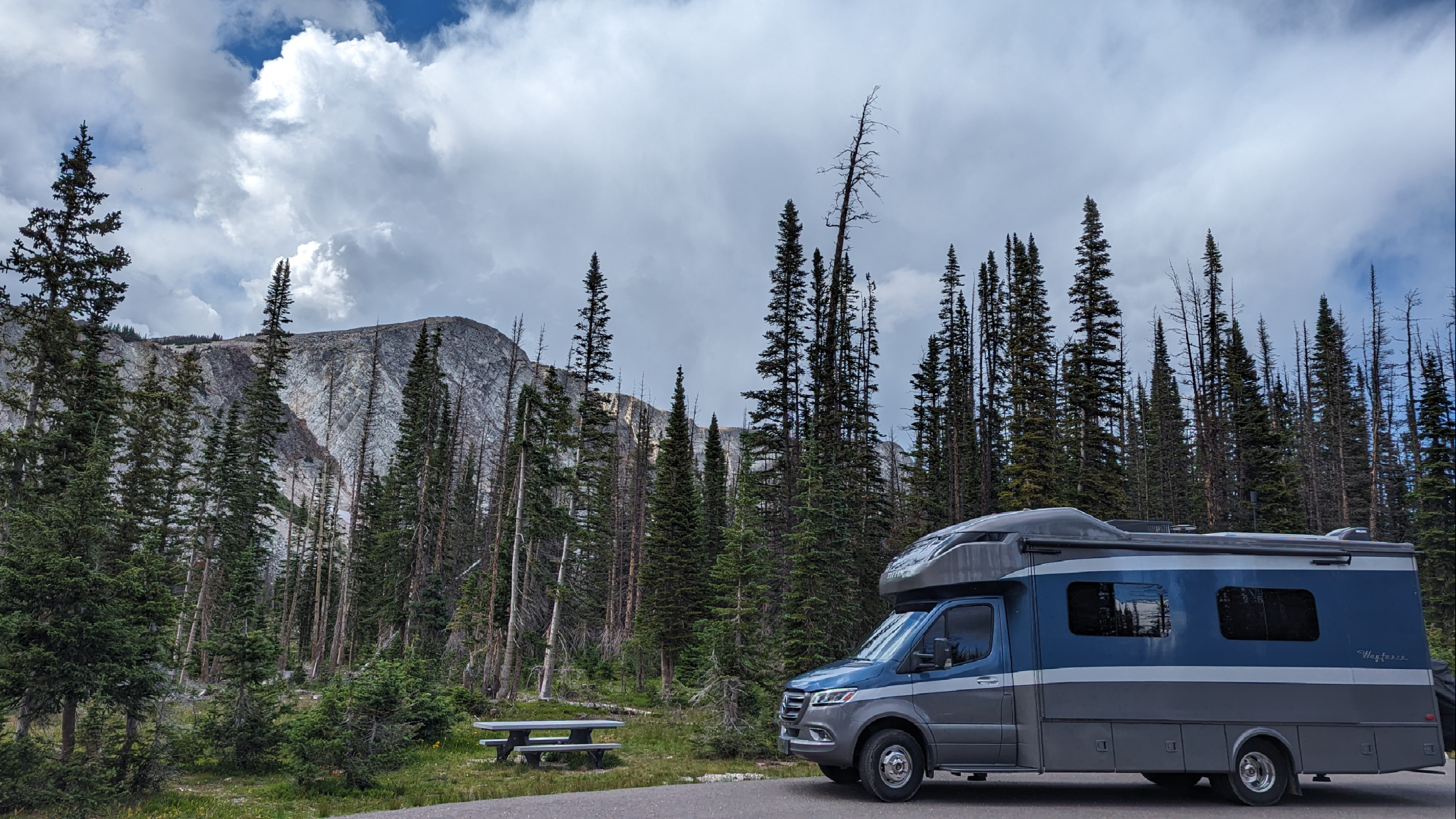 Dustin and Sarah Bauer's Tiffin Wayfarer Class C Motorhome parked in Medicine Bow Routt National Forest