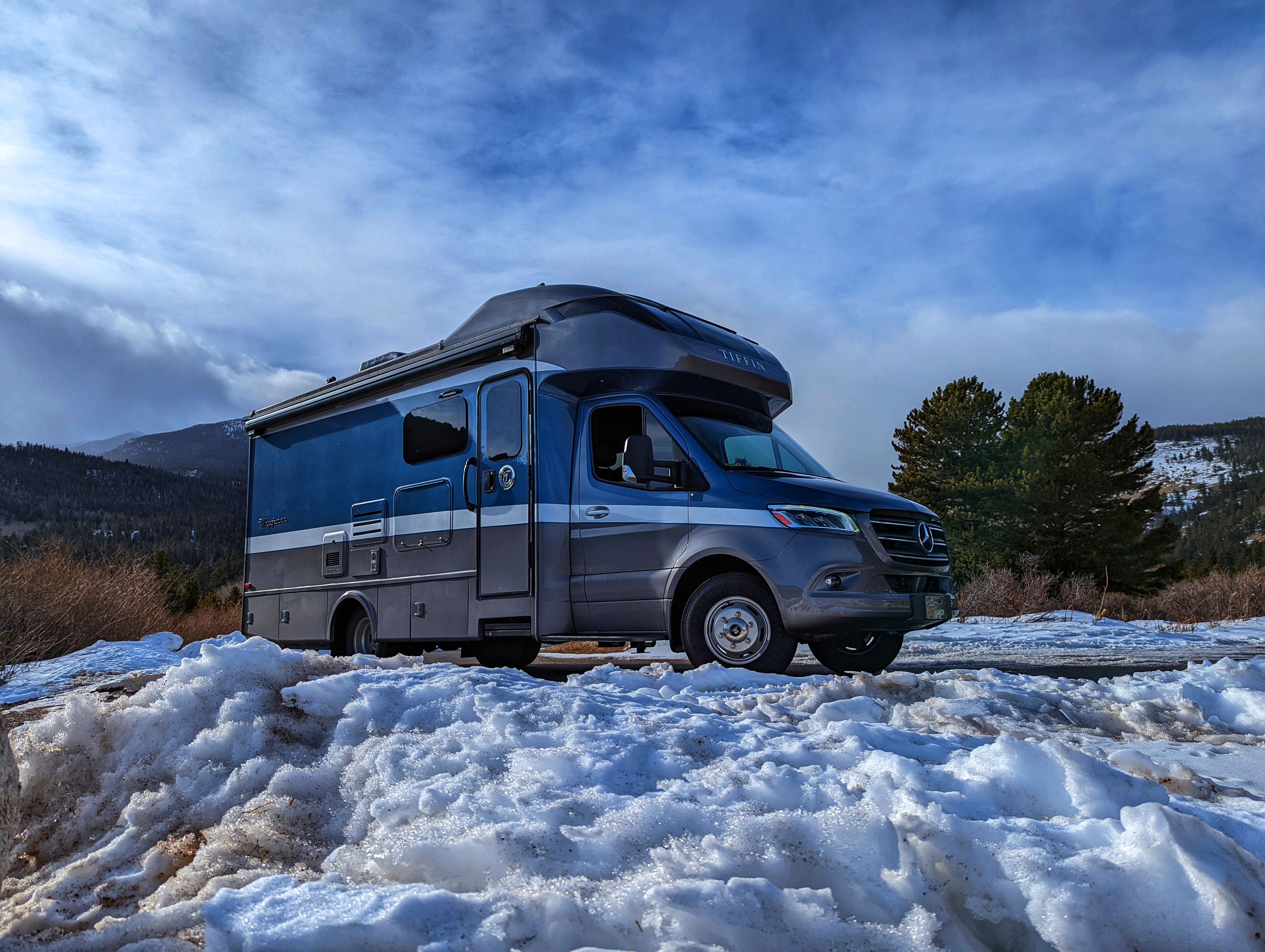 Dustin and Sarah Bauer's RV parked in the snow