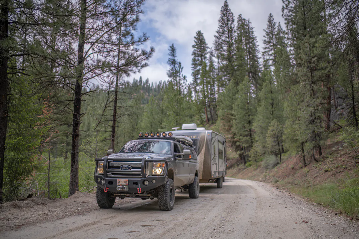 Chelsea Day's RV driving on a dirt road