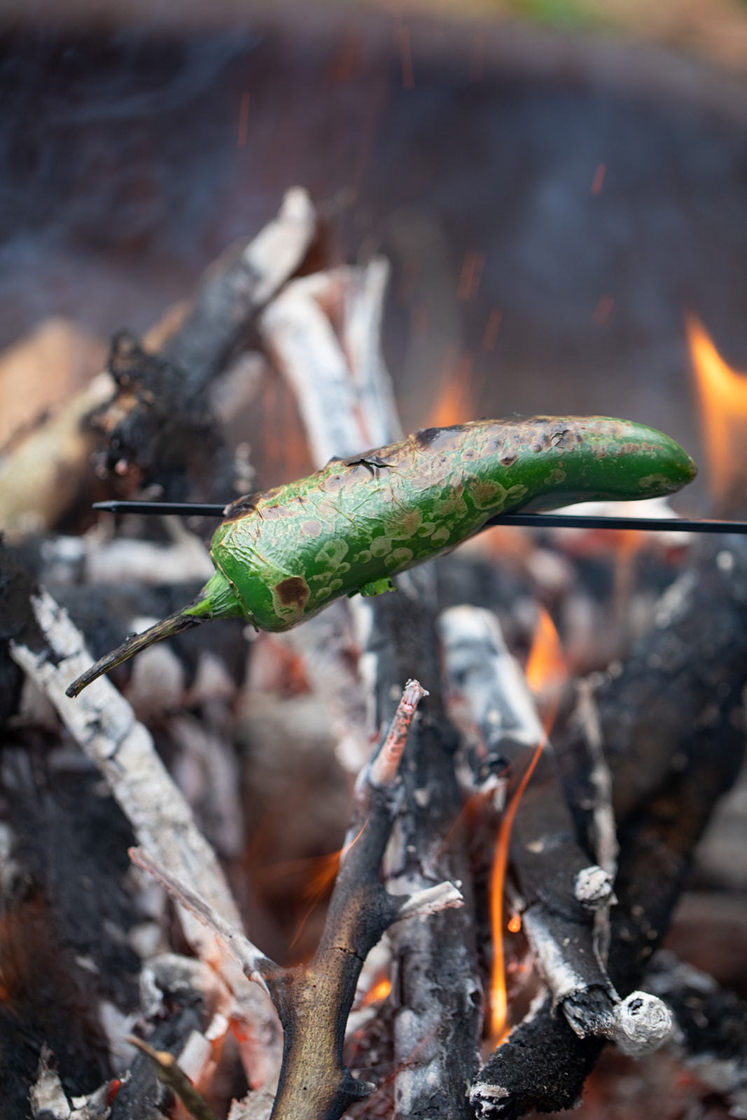 A jalapeño roasting over an open flame. 