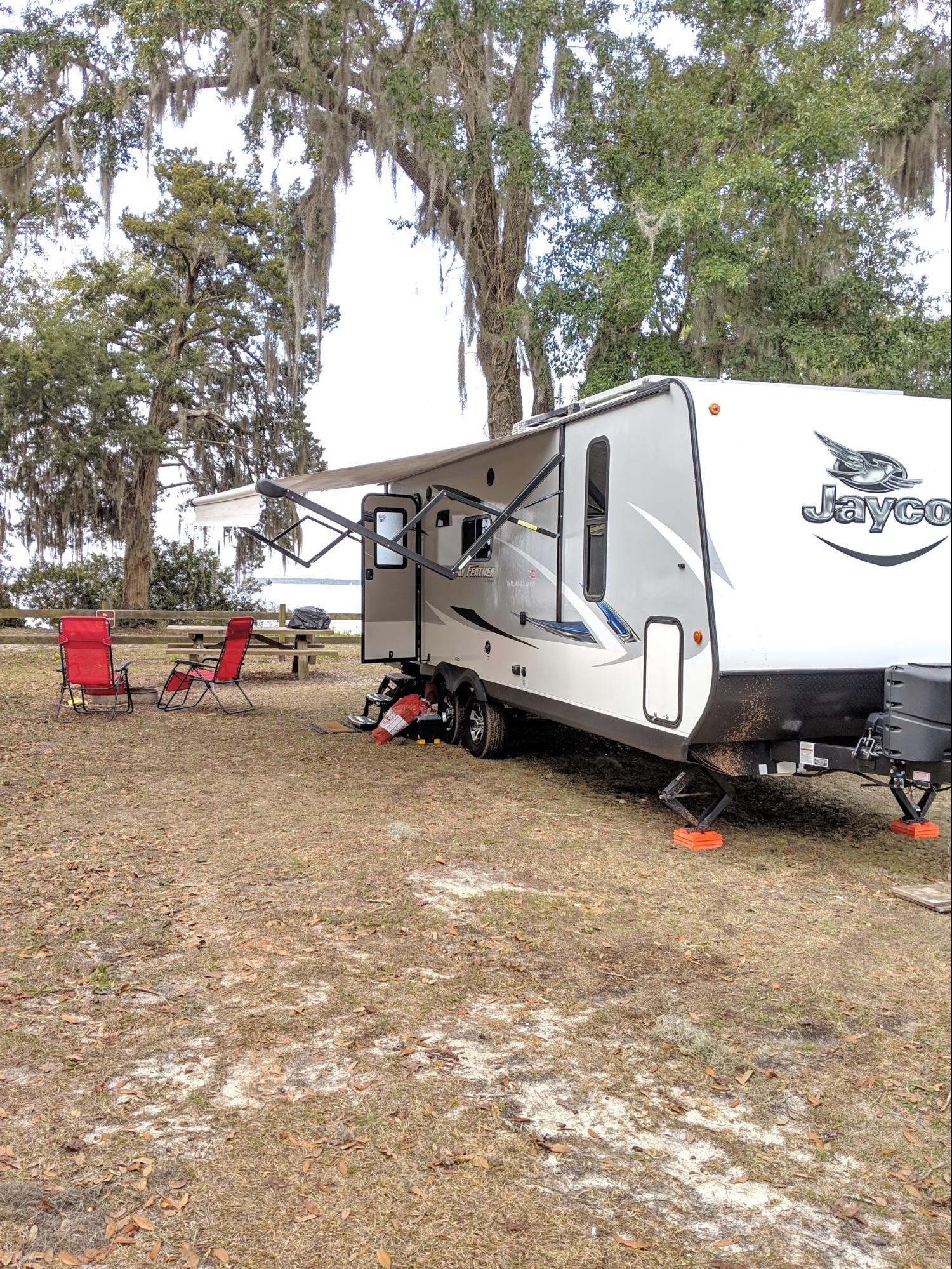 Ben and Christina McMillan's Jayco Jay Feather parked near the ocean in Florida.