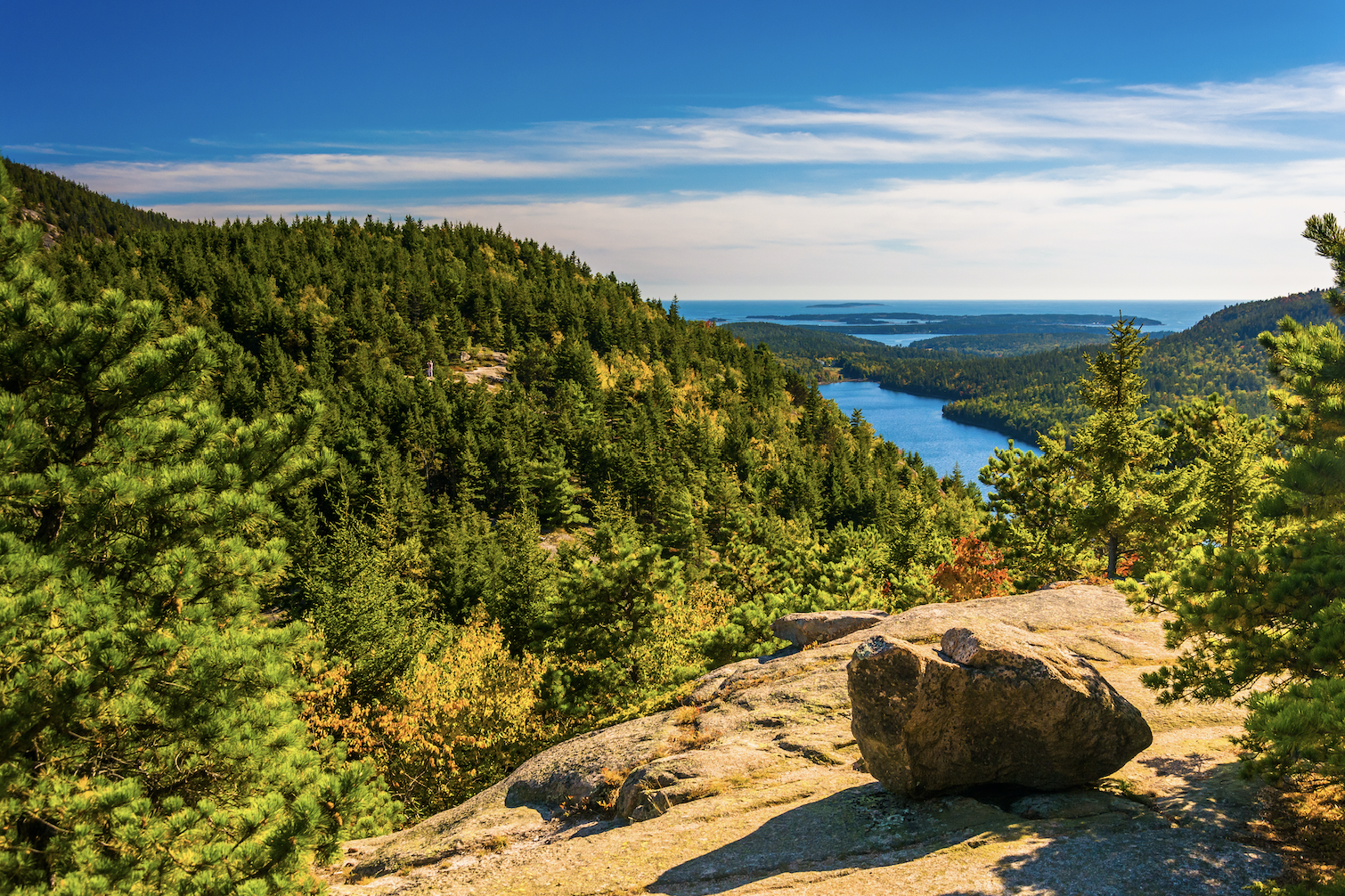 View from the top of a rock overlooking green pines, blue river and deep ocean in the distance