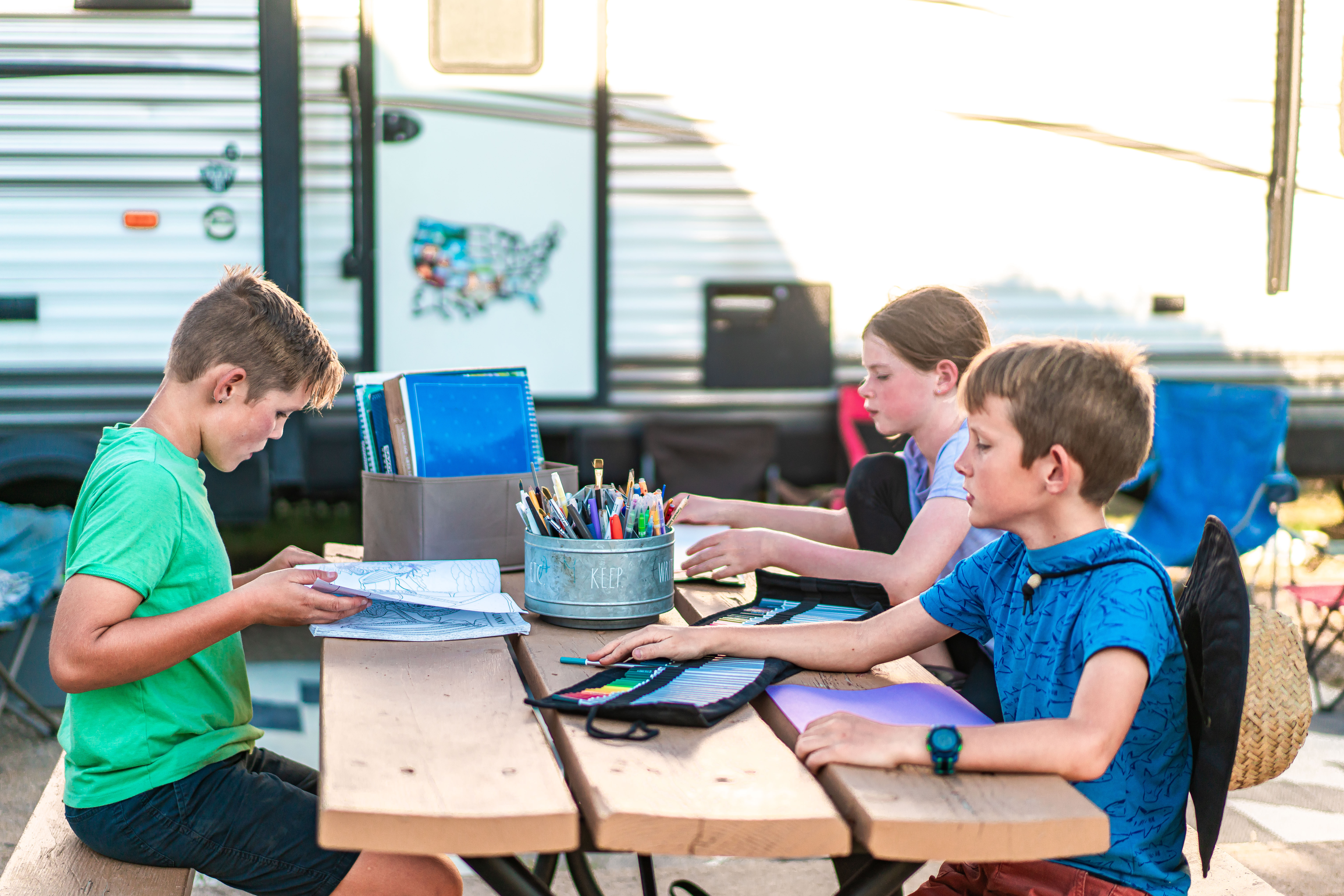 Renee Tilby family, Jayco Jay Flight Travel Trailer, children learning