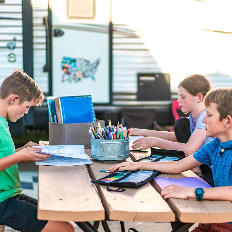 Renee Tilby family, Jayco Jay Flight Travel Trailer, children learning