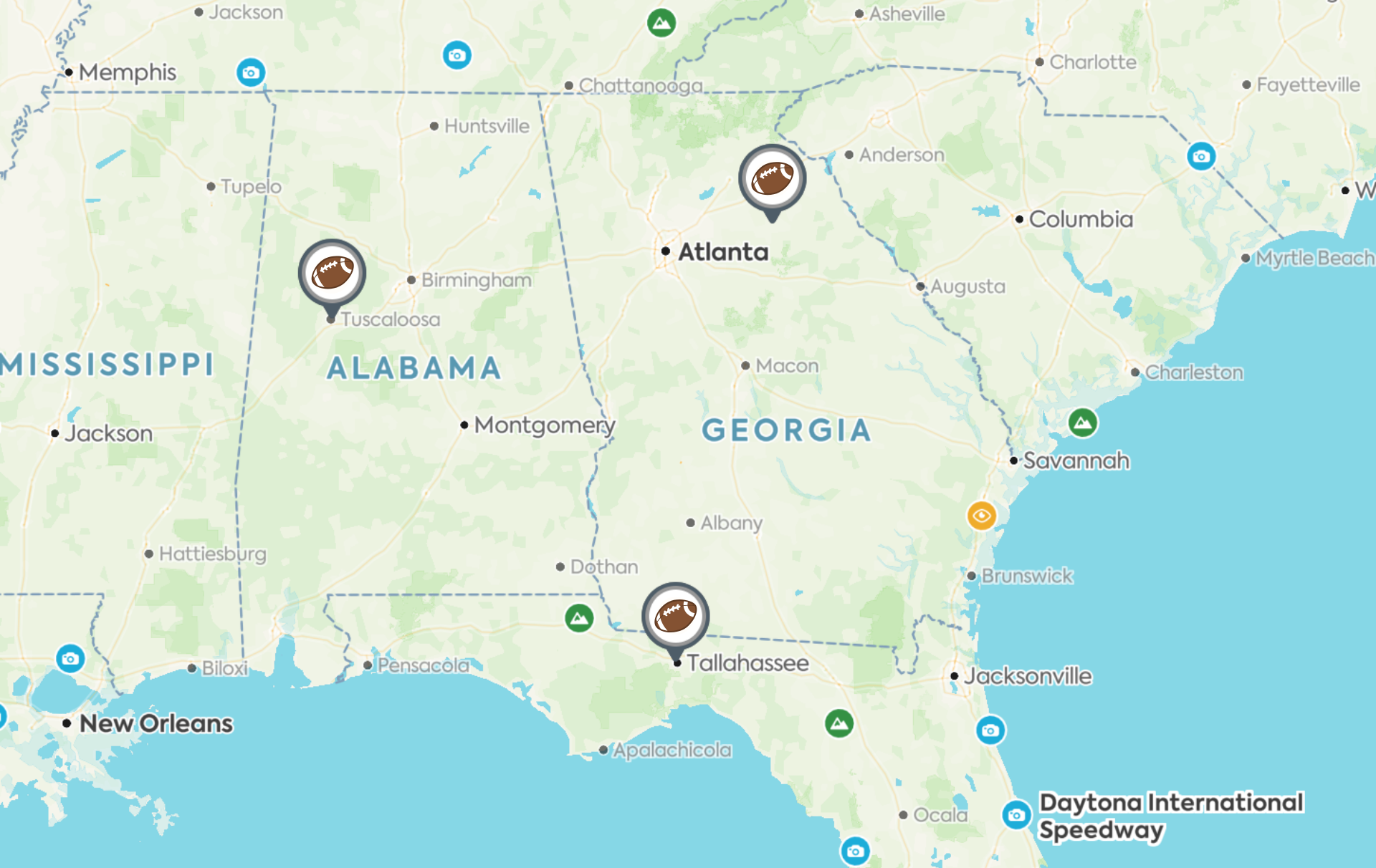 Map of southern United States with markers for three stadiums.  University of Georgia, University of Alabama and Florida State represented. 