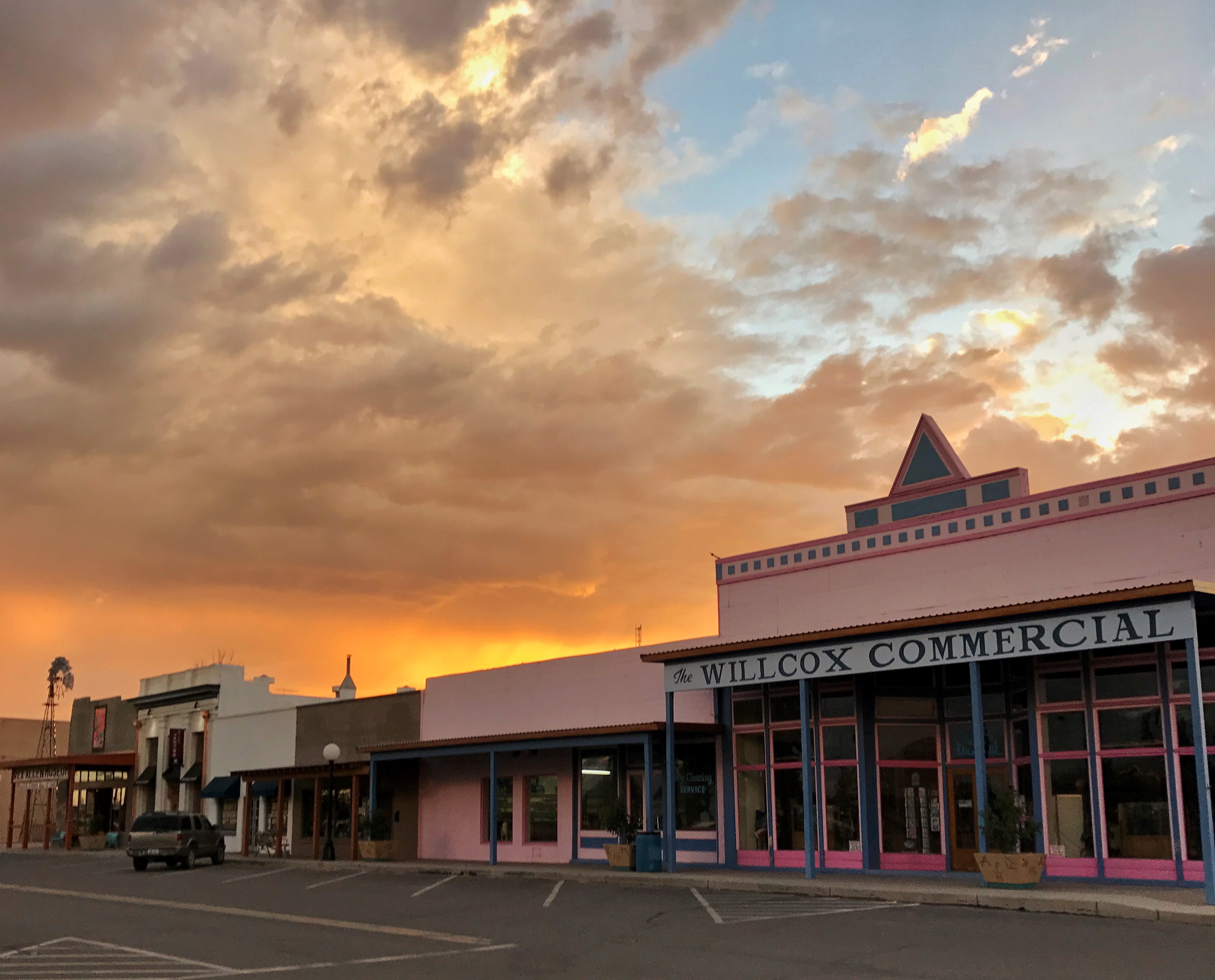 The Willcox Commercial building at sunset.