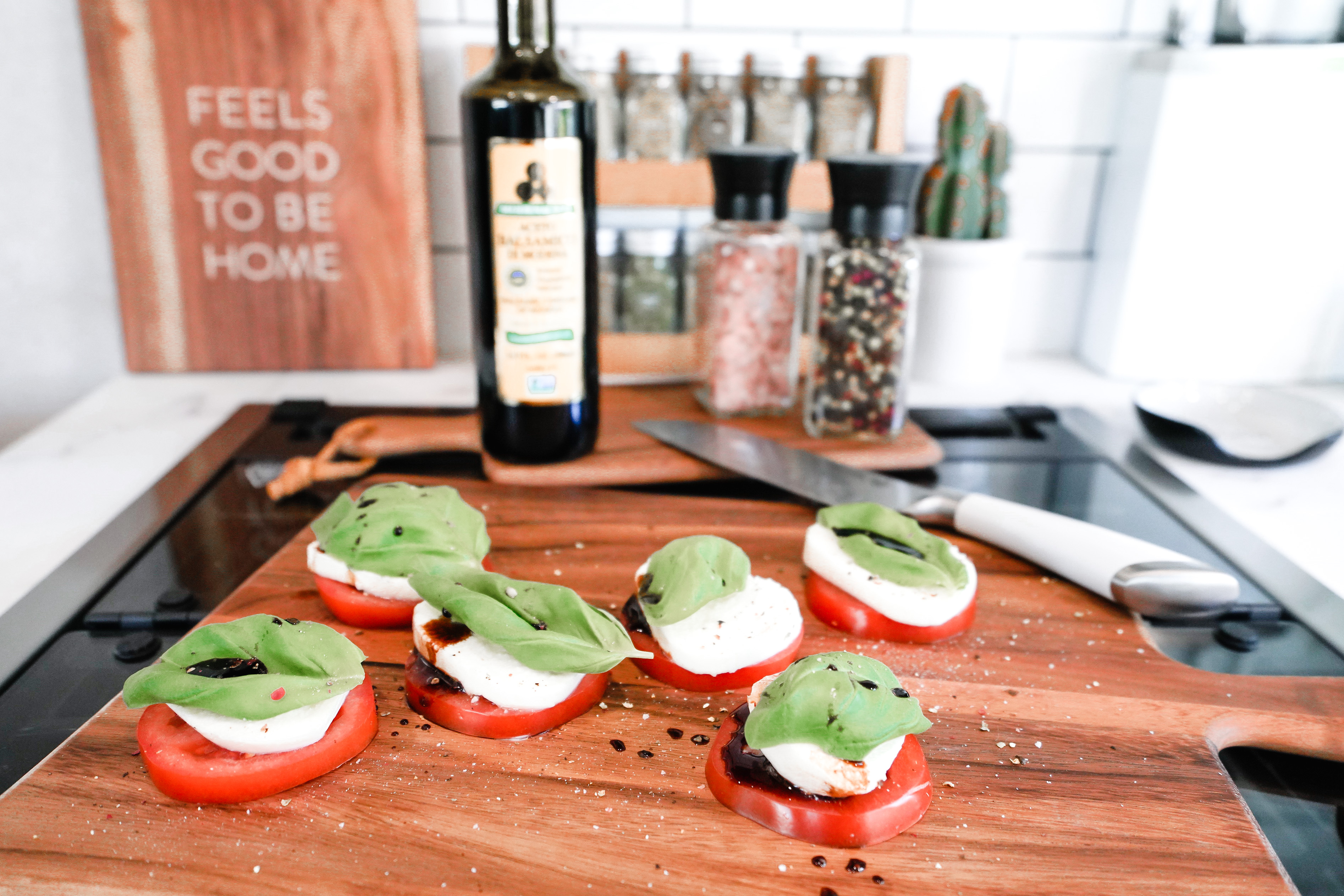 Caprese being prepared in an RV kitchen.