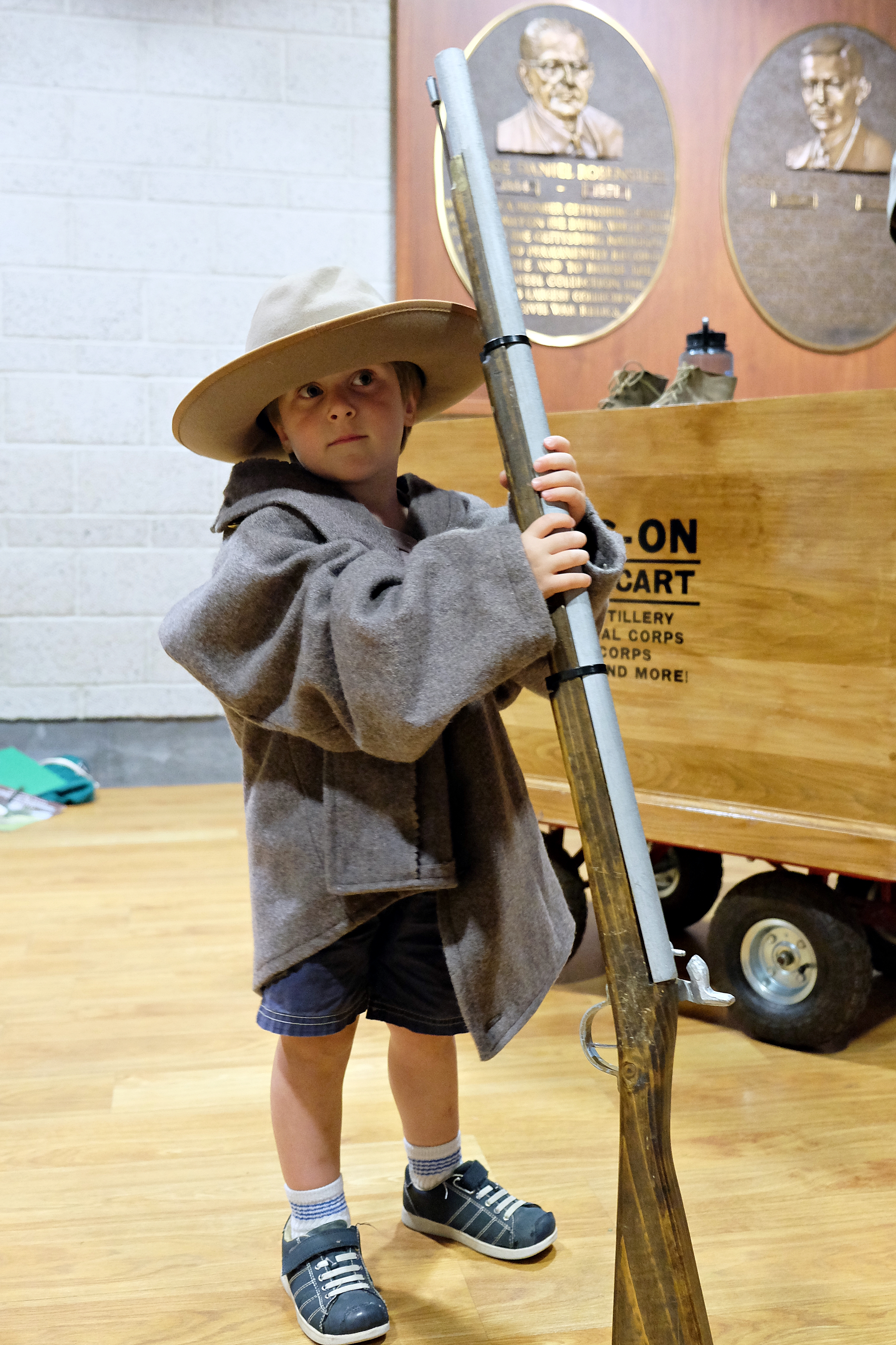 Gretchen Holcomb's young son dressed up as a solider at Gettysburg National Military Park. 