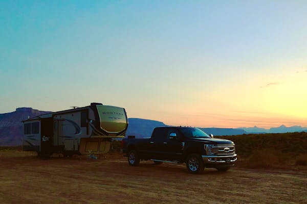 Jama and Randy Maples Keystone RV boondocking outside of Zion National Park.