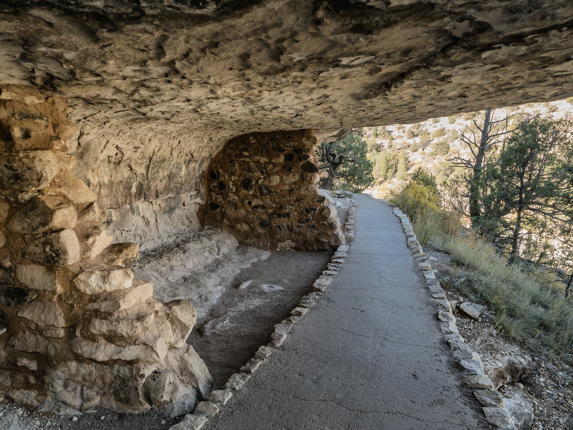 Caves, tunnels and caverns along the side of a desert mountain with green brush