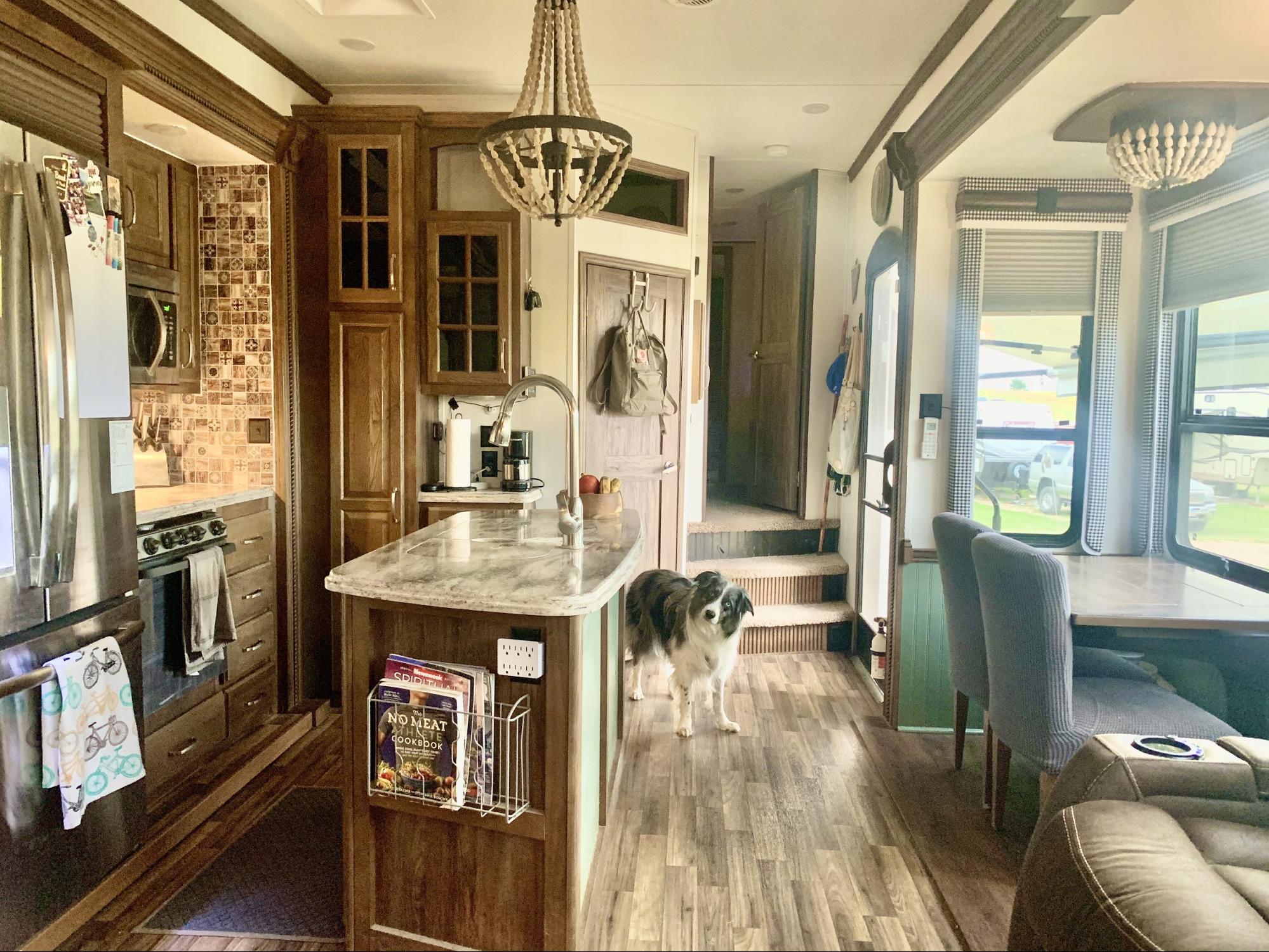 The kitchen of a fifth wheel rv.