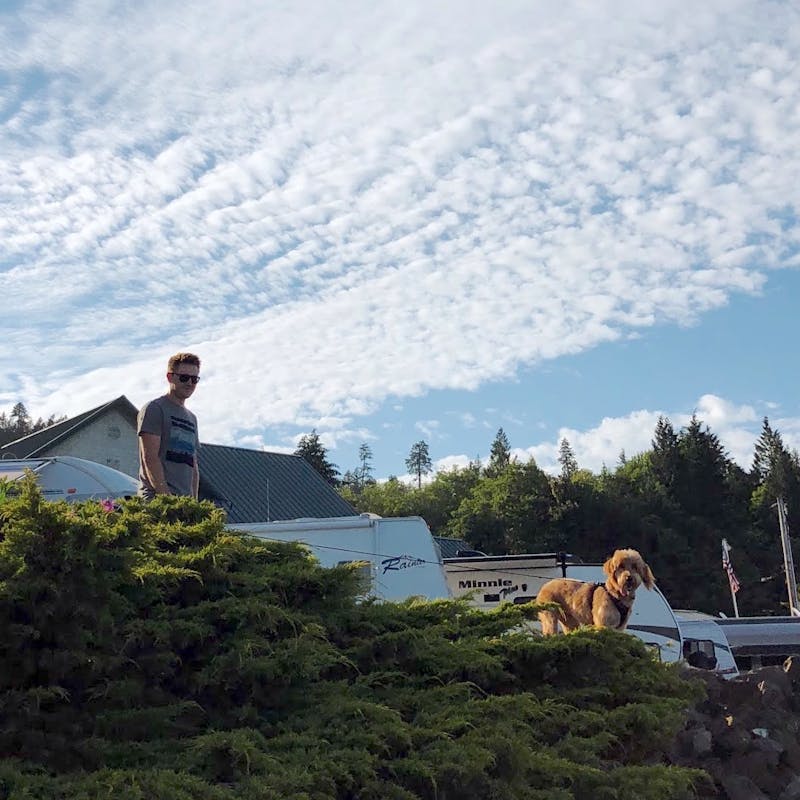 A man standing in an RV park with a dog on a leash.