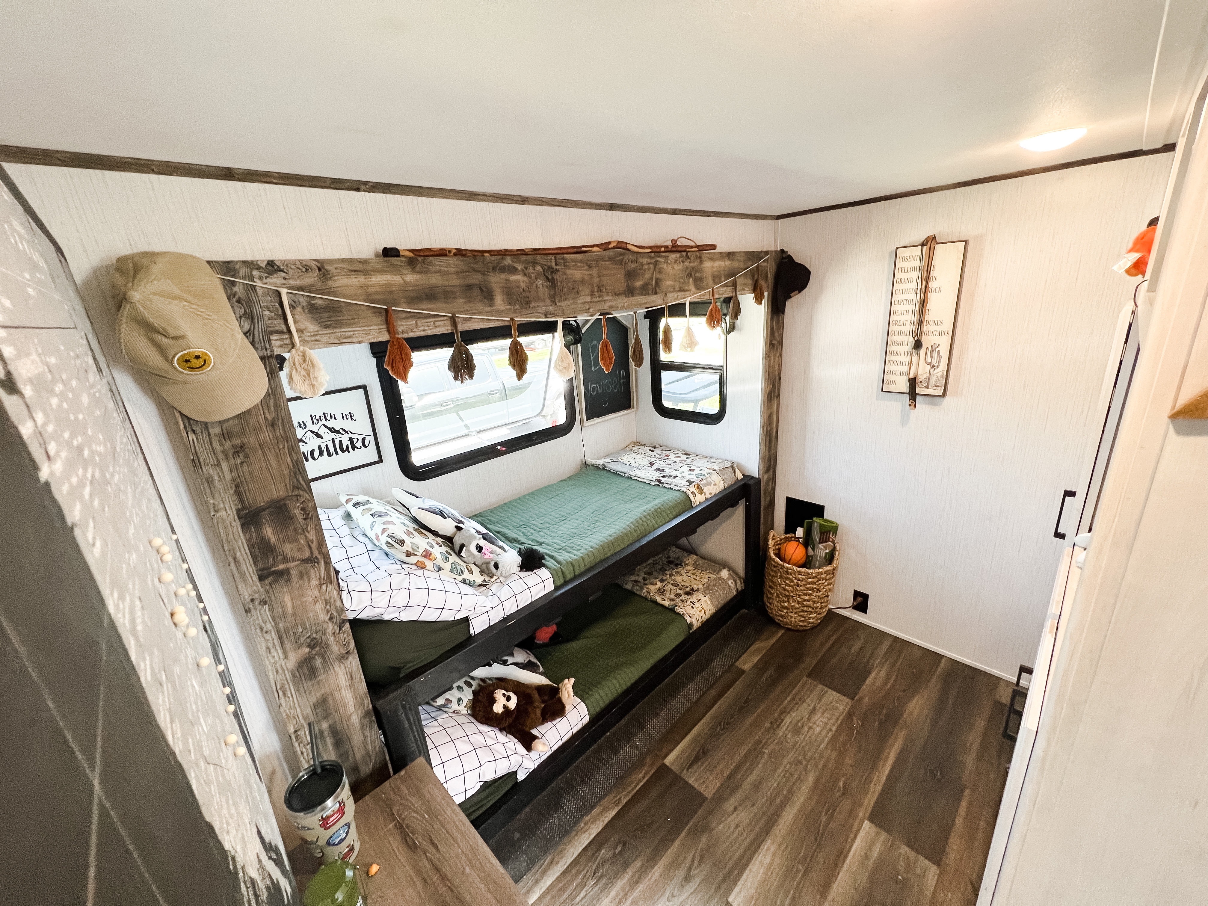 Two bunk beds inside Darren and Amanda Bone's Heartland Bighorn fifth wheel