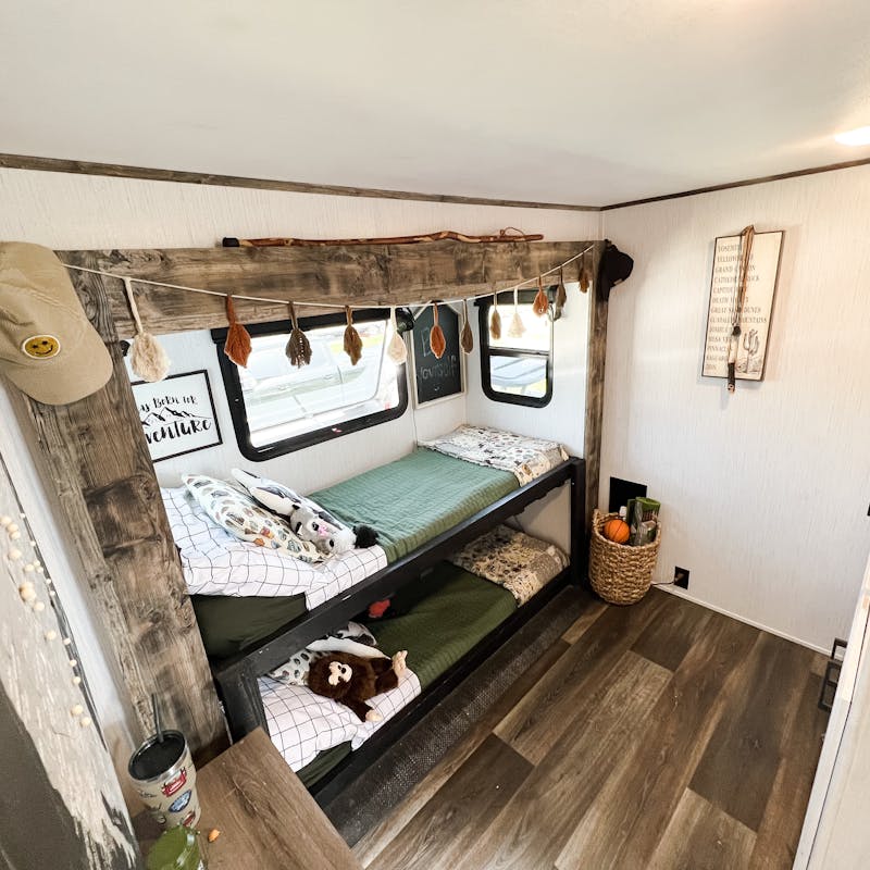 Two bunk beds inside Darren and Amanda Bone's Heartland Bighorn fifth wheel