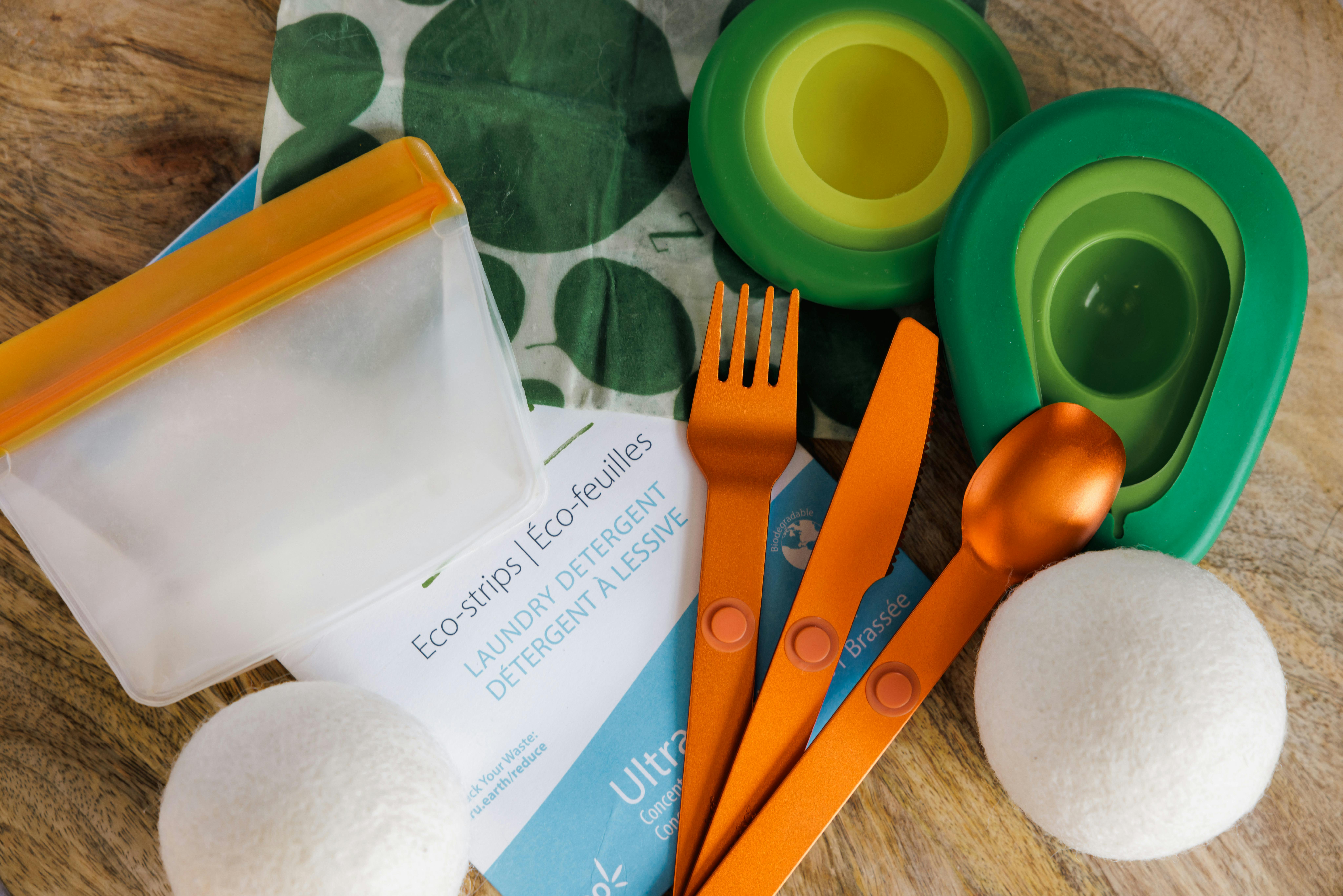 Karen Blue's sustainable products such as reusable utensils, wax paper and eco-friendly laundry detergent 