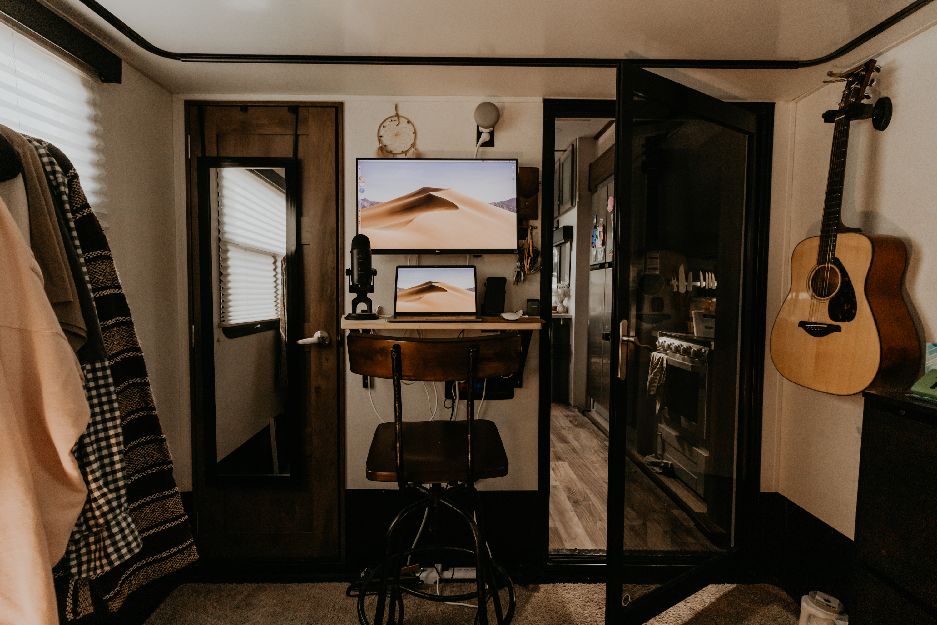 A home office set up inside of an RV.
