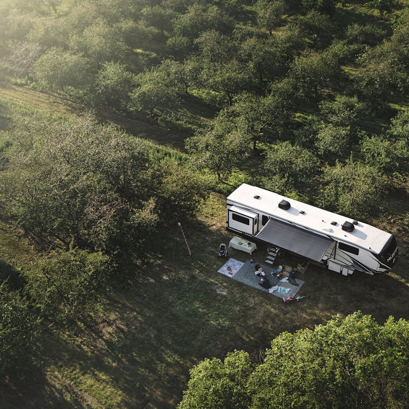 An RV parked in an orchard.