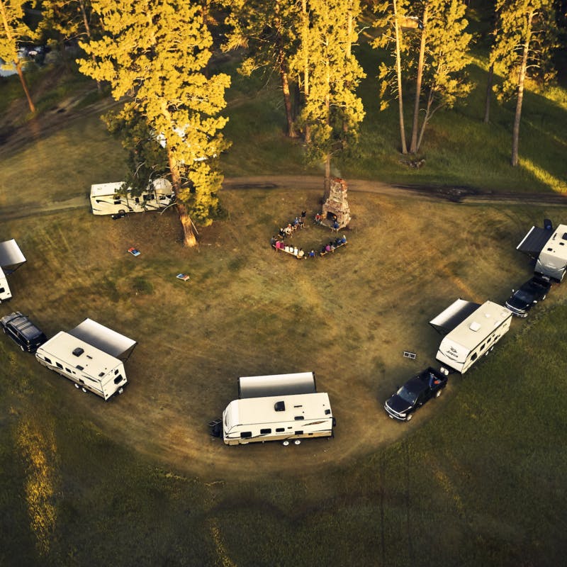 Aerial shot of the RVs in a semi-circle where the participants stayed.