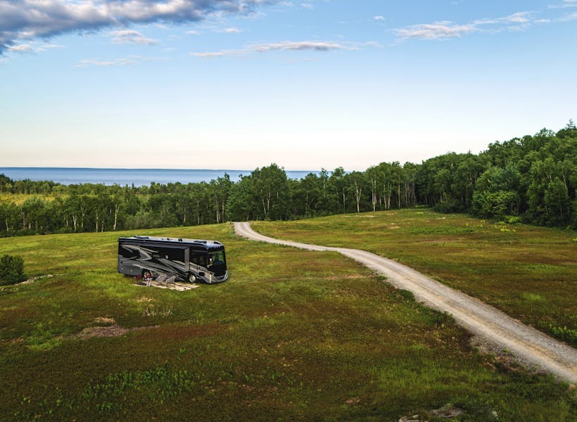 A Tiffin Class A Motorhome boondocking near the ocean