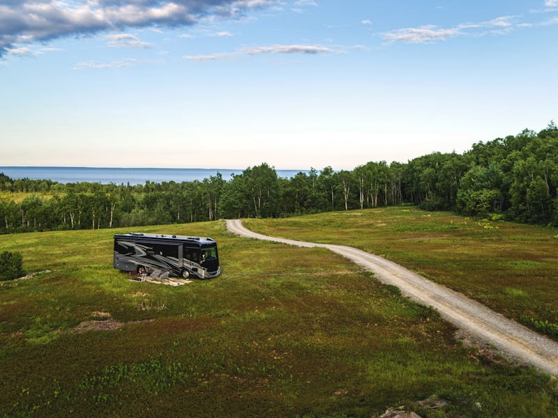 A Tiffin Class A Motorhome boondocking near the ocean