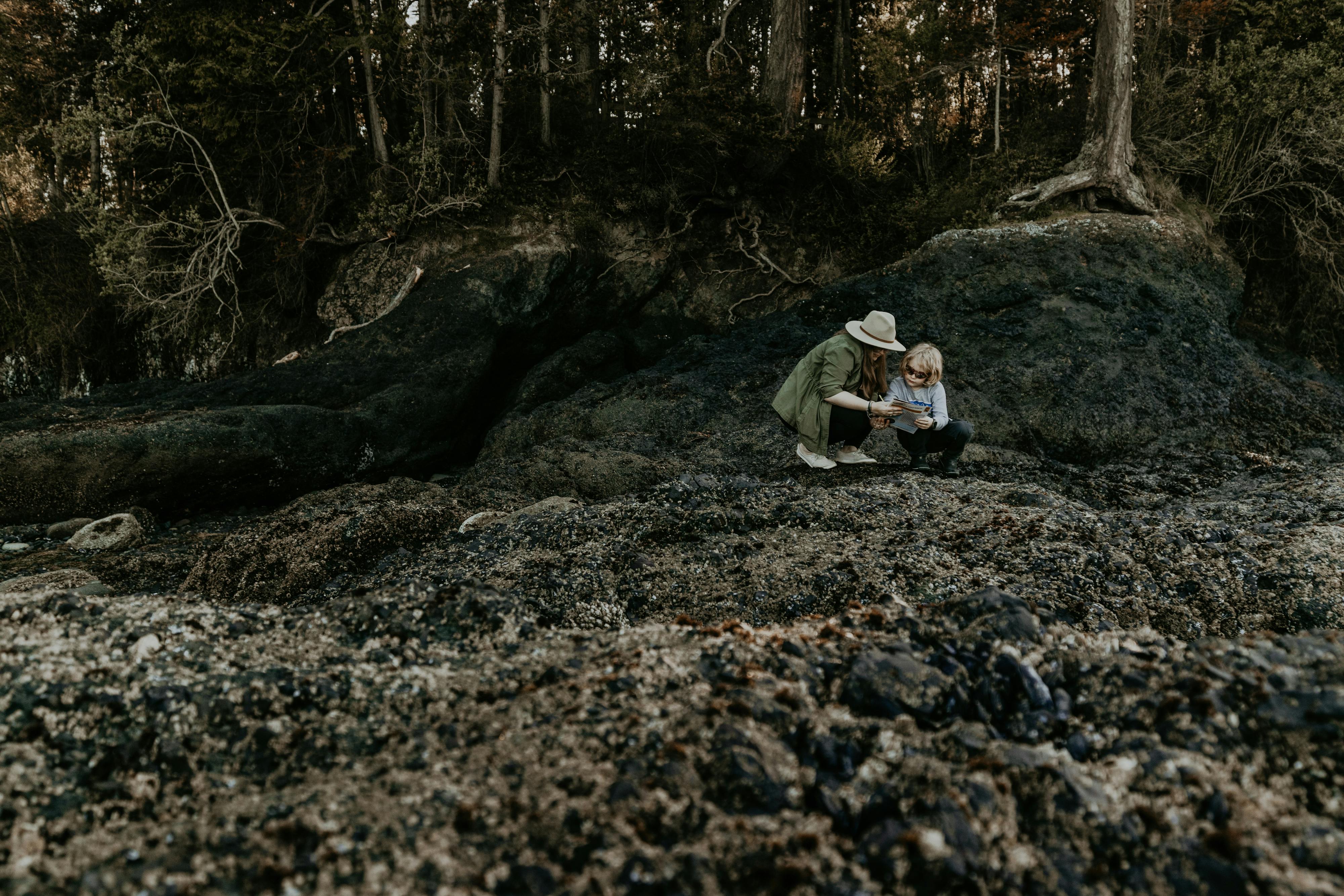 The Murphy family looking at tide pools at Olympic National Park