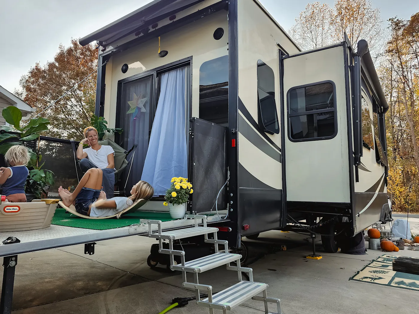 The back patio of JC and Barbel (Bibi) Barringer's 2018 KZ Durango Gold fifth-wheel