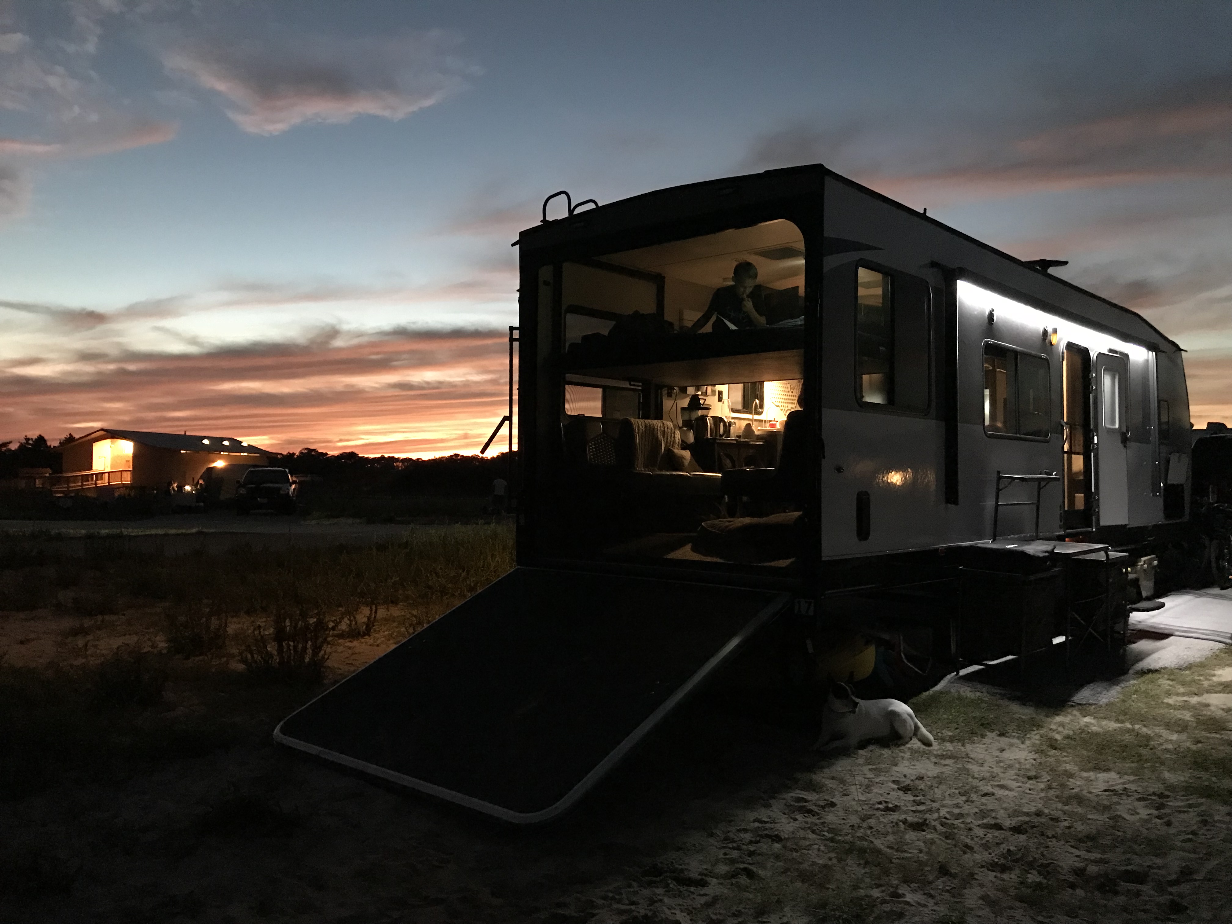 An RV at dusk.