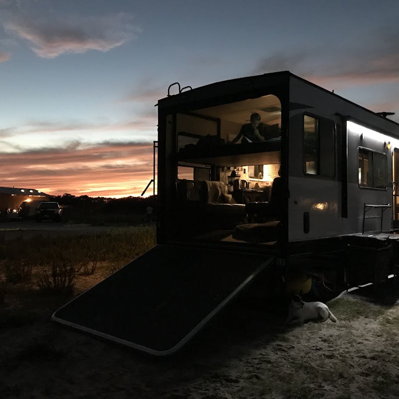 An RV at dusk.