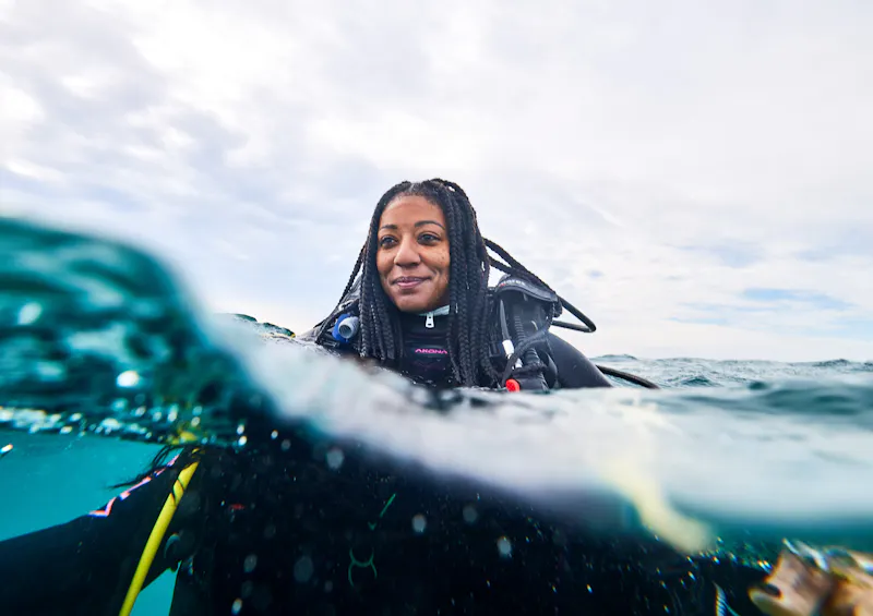 Adventure travel writer and scuba diver Adrienne Jordan floats in the ocean in the Florida Keys.
