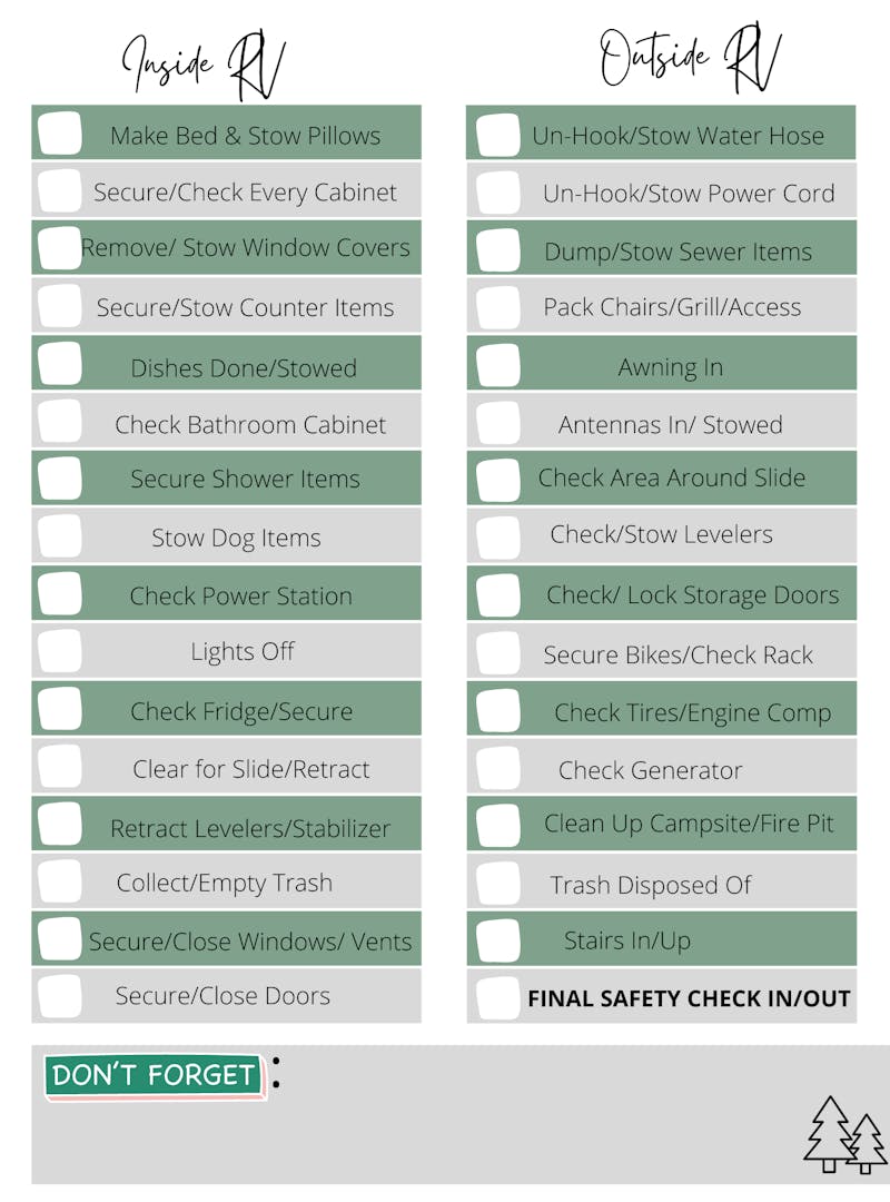 Dustin and Sarah Bauer's checklist for preparing the inside and outside of your RV before traveling