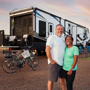 Robin and Warren Baxter with their Keystone Fusion RV