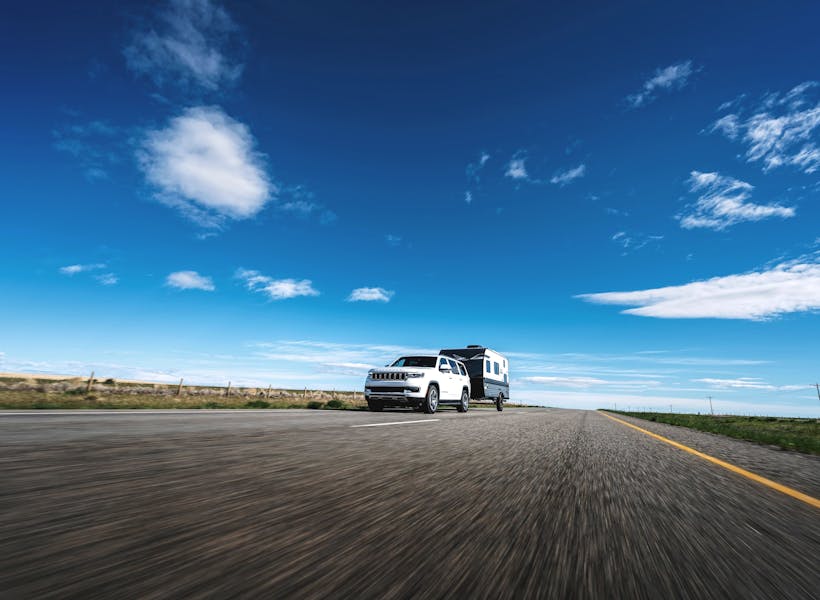 A jayco jay flight baha driving down the road