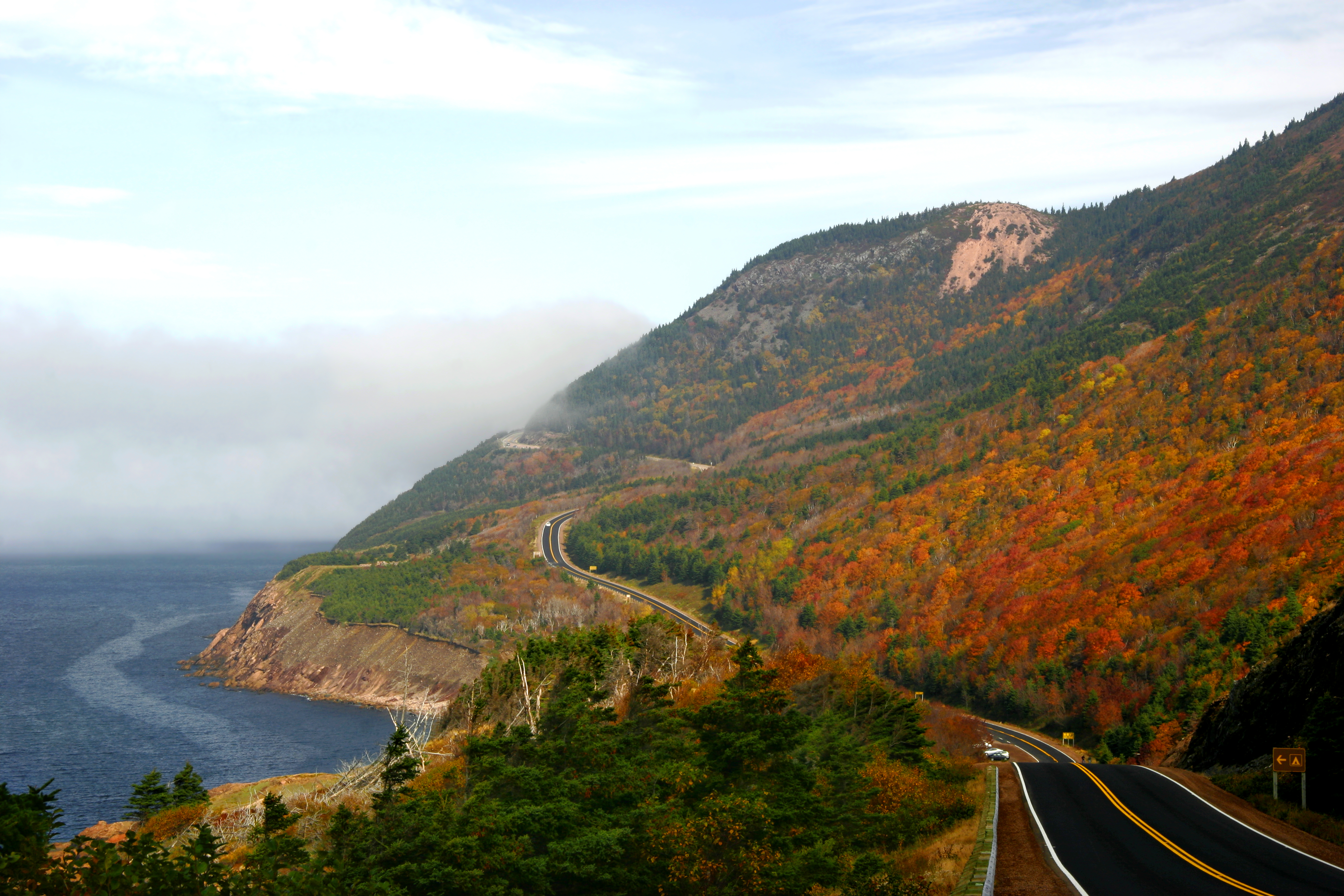 Sloping mountainside covered in red and orange trees with a road running along the side next to the ocean