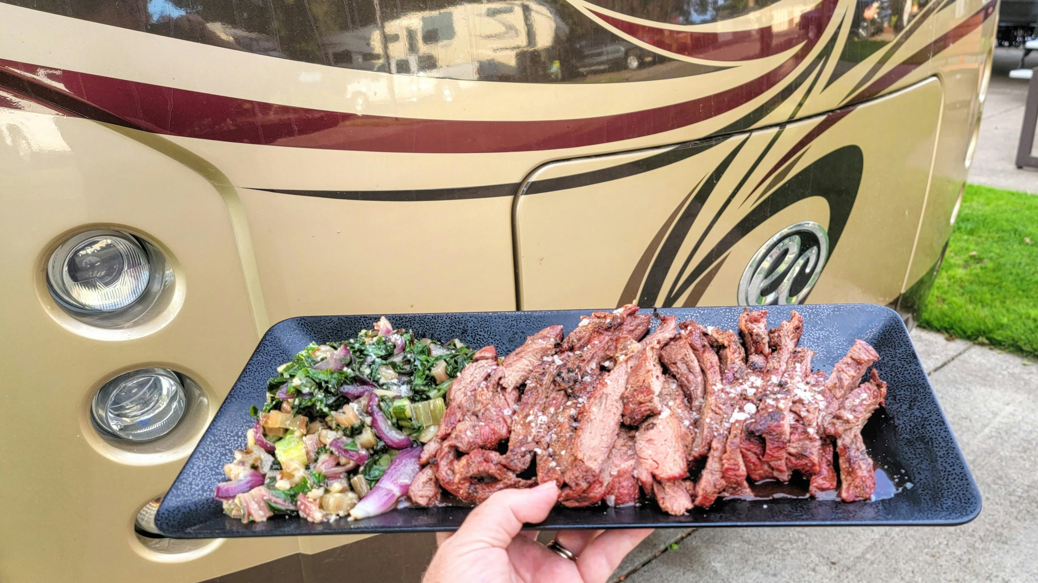 ANNE AND BRIAN KLUMPP's meal of steak and rainbow chard
