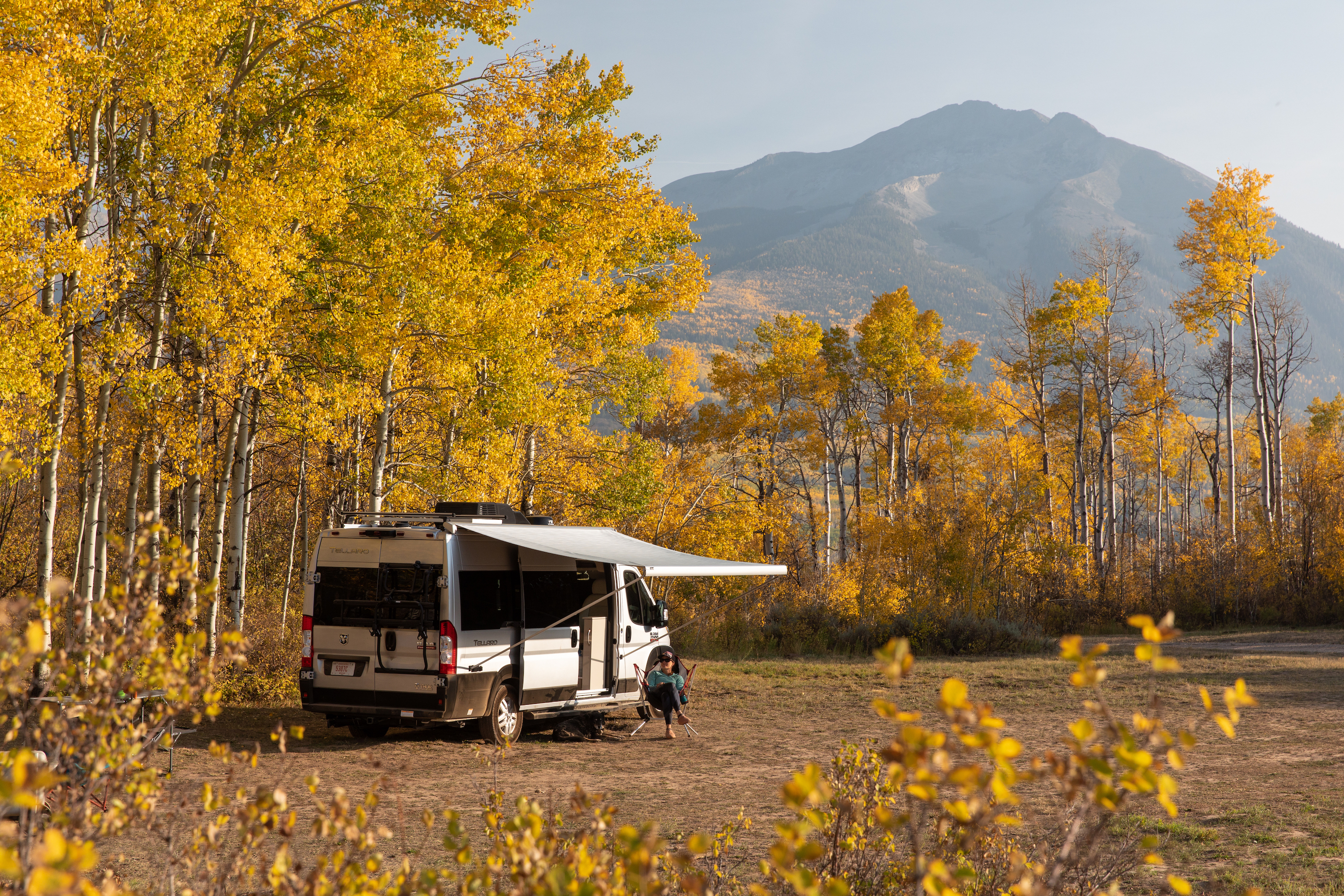 A Class B Campervan Parked in a field with lots of fall foliage 