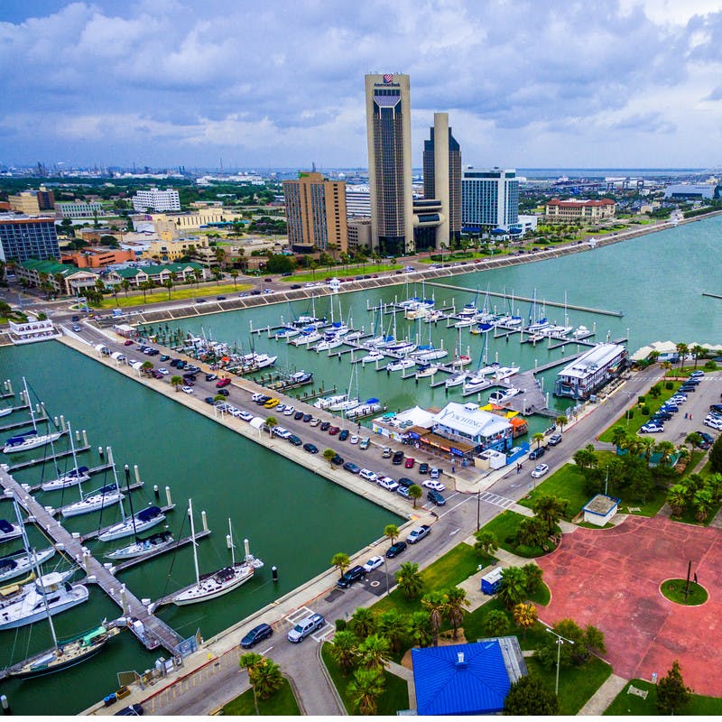 An overhead shot of a marina in Corpus Christi. 