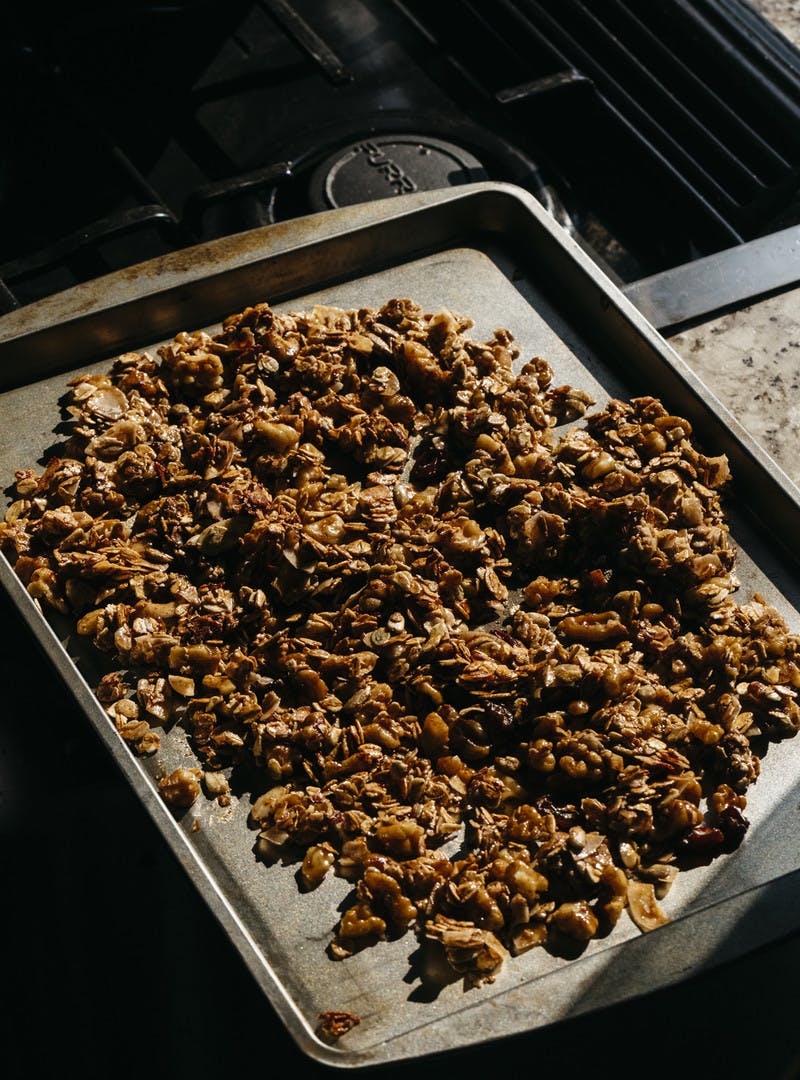 Baking sheet filled with homemade granola.