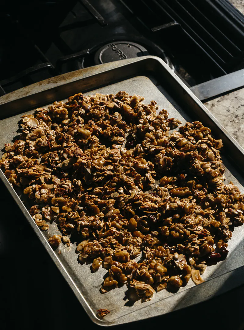 Baking sheet filled with homemade granola.