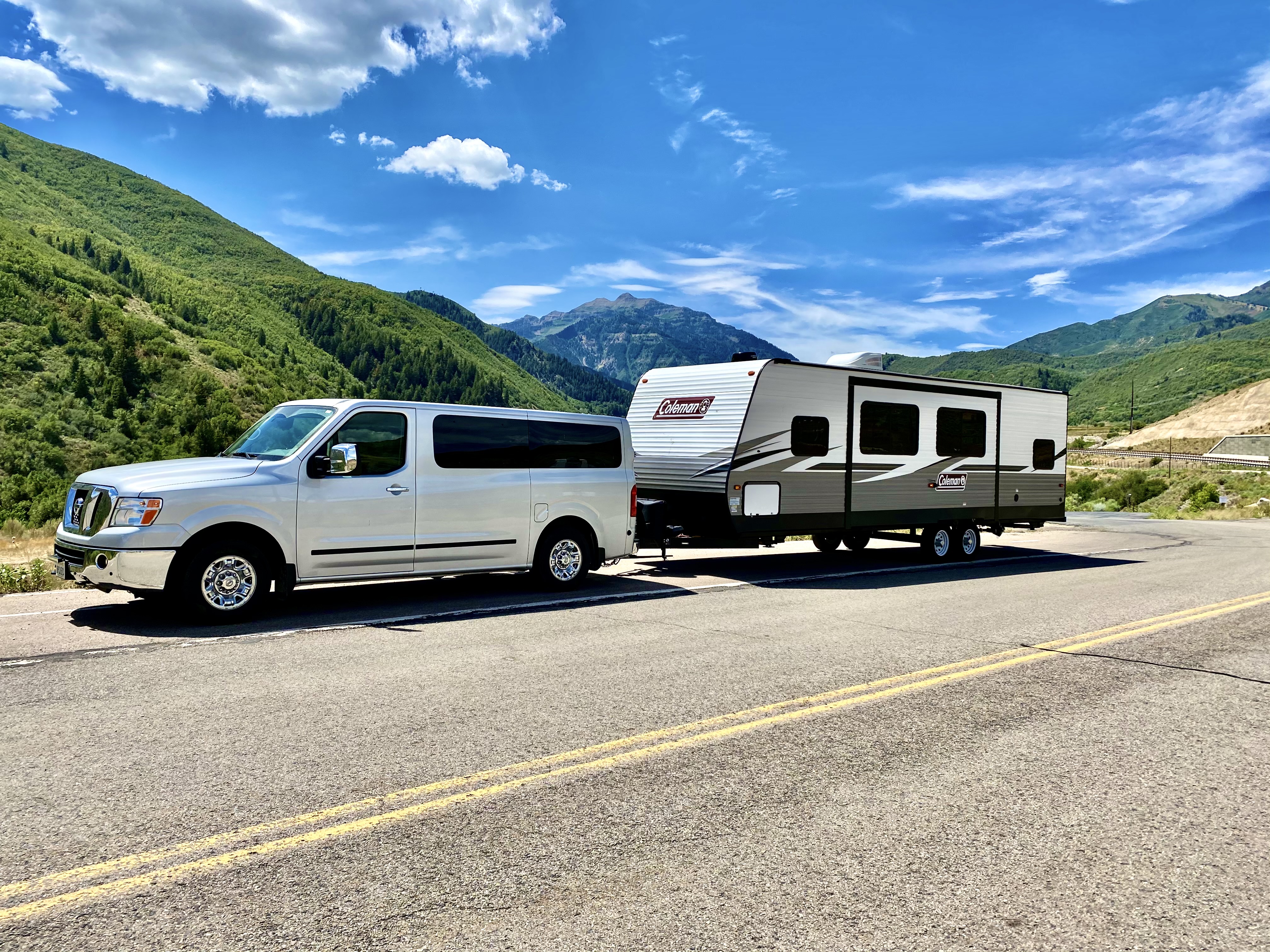 Christine Barton's travel trailer pulled over on a beautiful mountain road