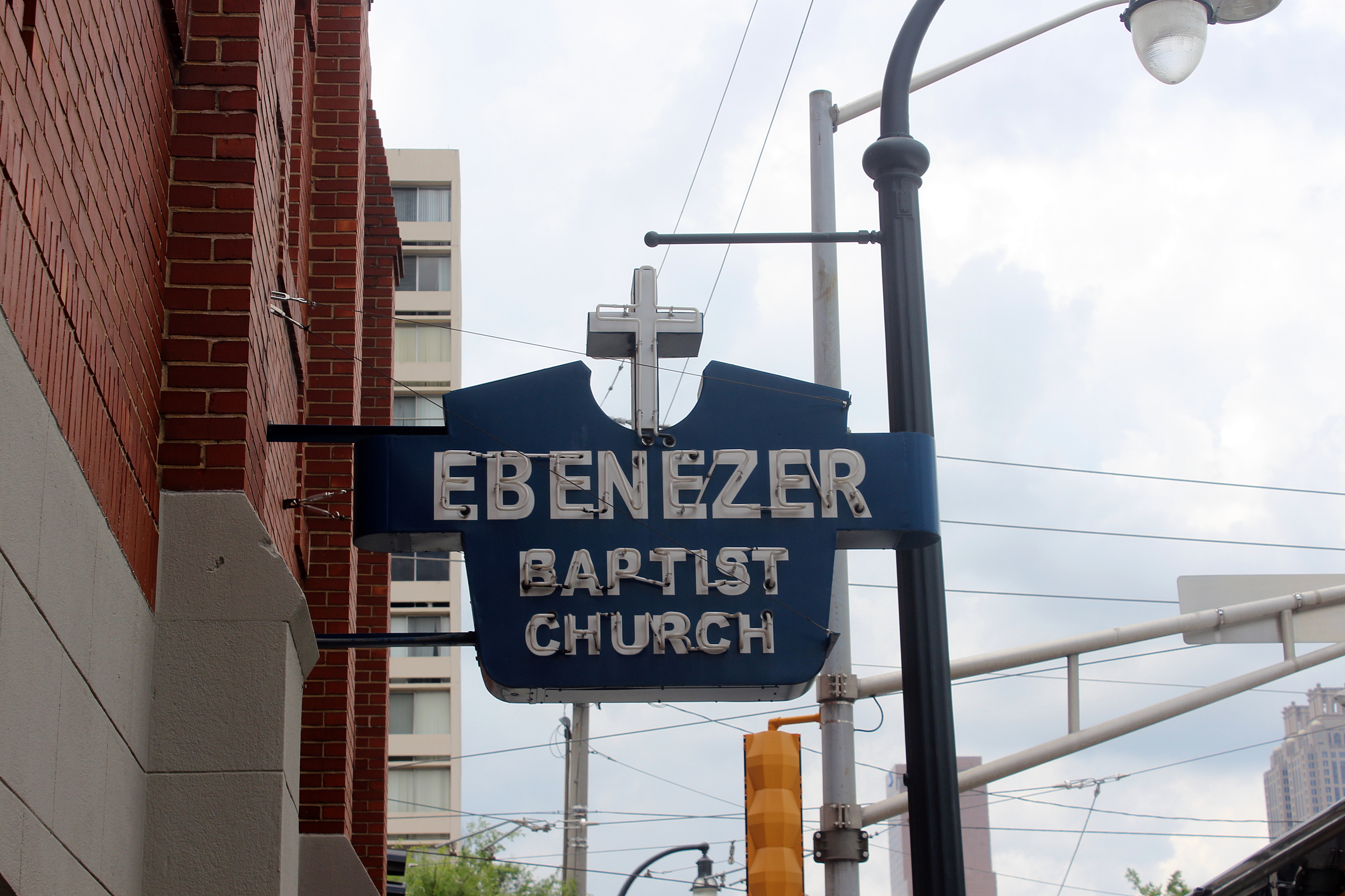 A photo of the sign outside of Ebenezer Baptist Church in Atlanta, Georgia. 