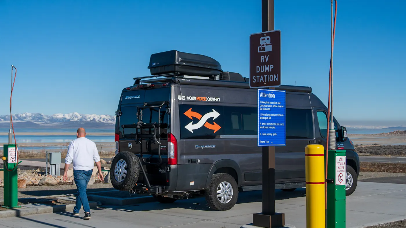 Gabe and Rocio Rivero's Class B Campervan at a dump station