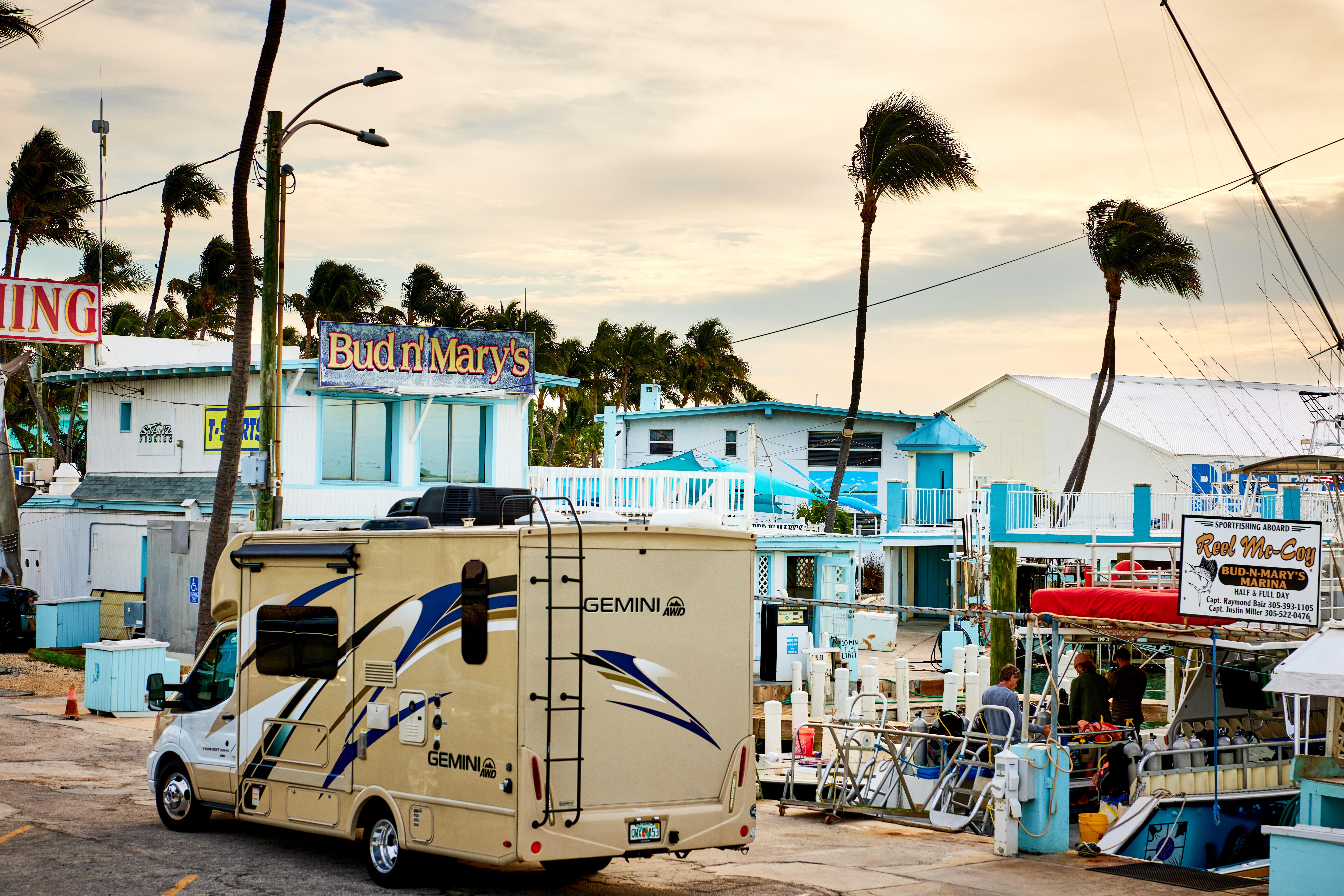A Thor Motor Coach Gemini is parked at Bud n' Mary's Marina in the Florida Keys.