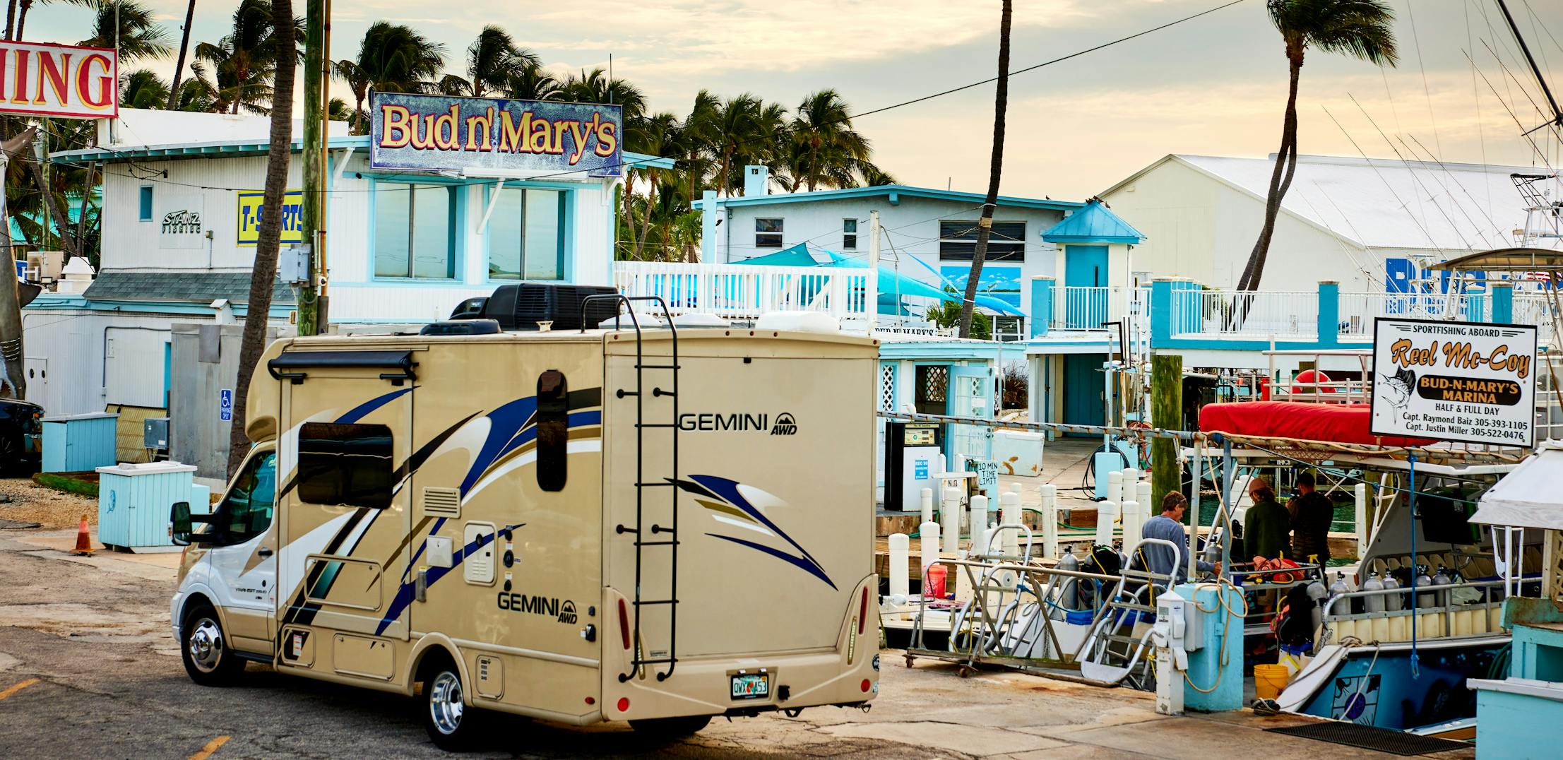 A Thor Motor Coach Gemini is parked at Bud n' Mary's Marina in the Florida Keys.