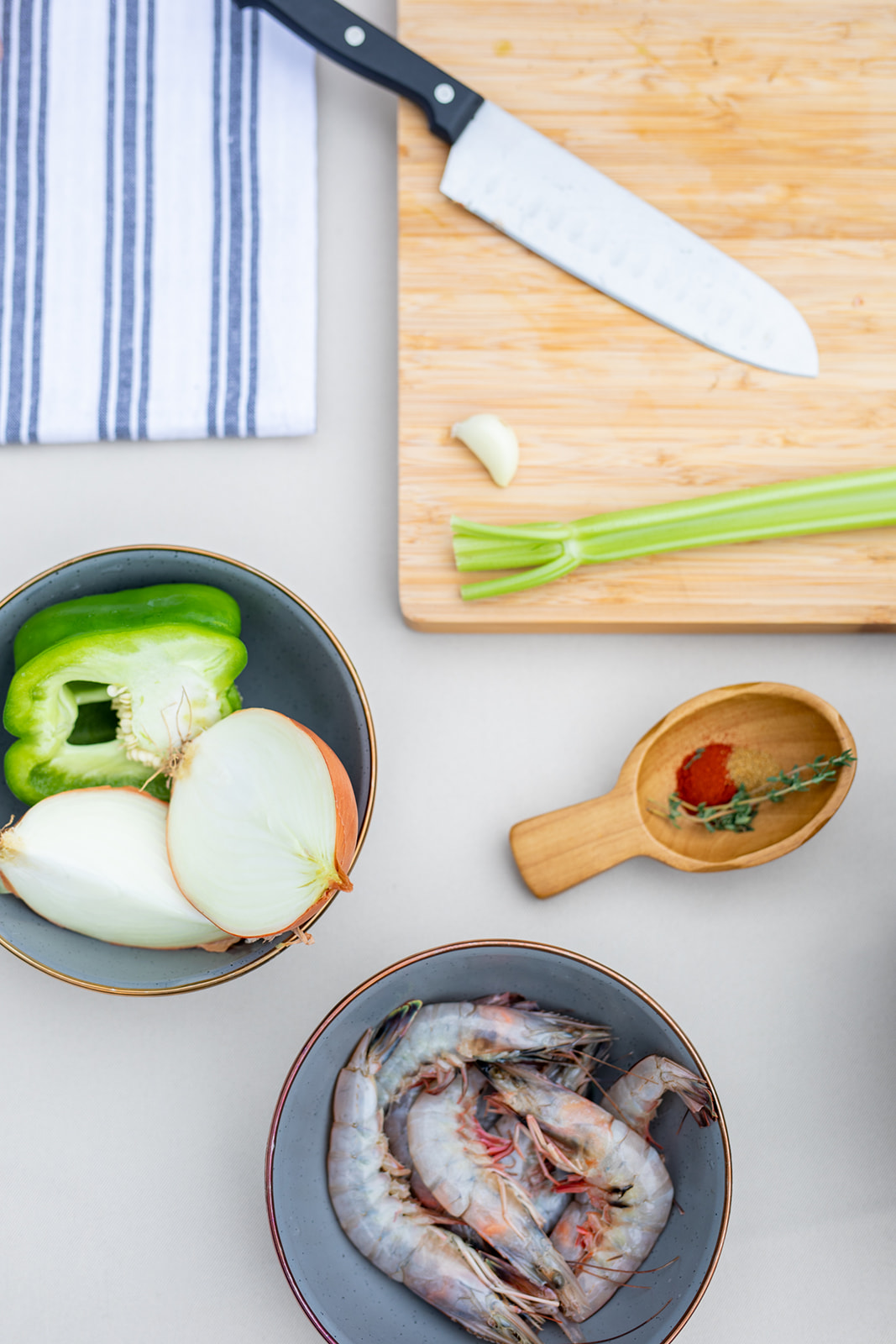 Prepping onion, green pepper, celery and shrimp for the recipe. 