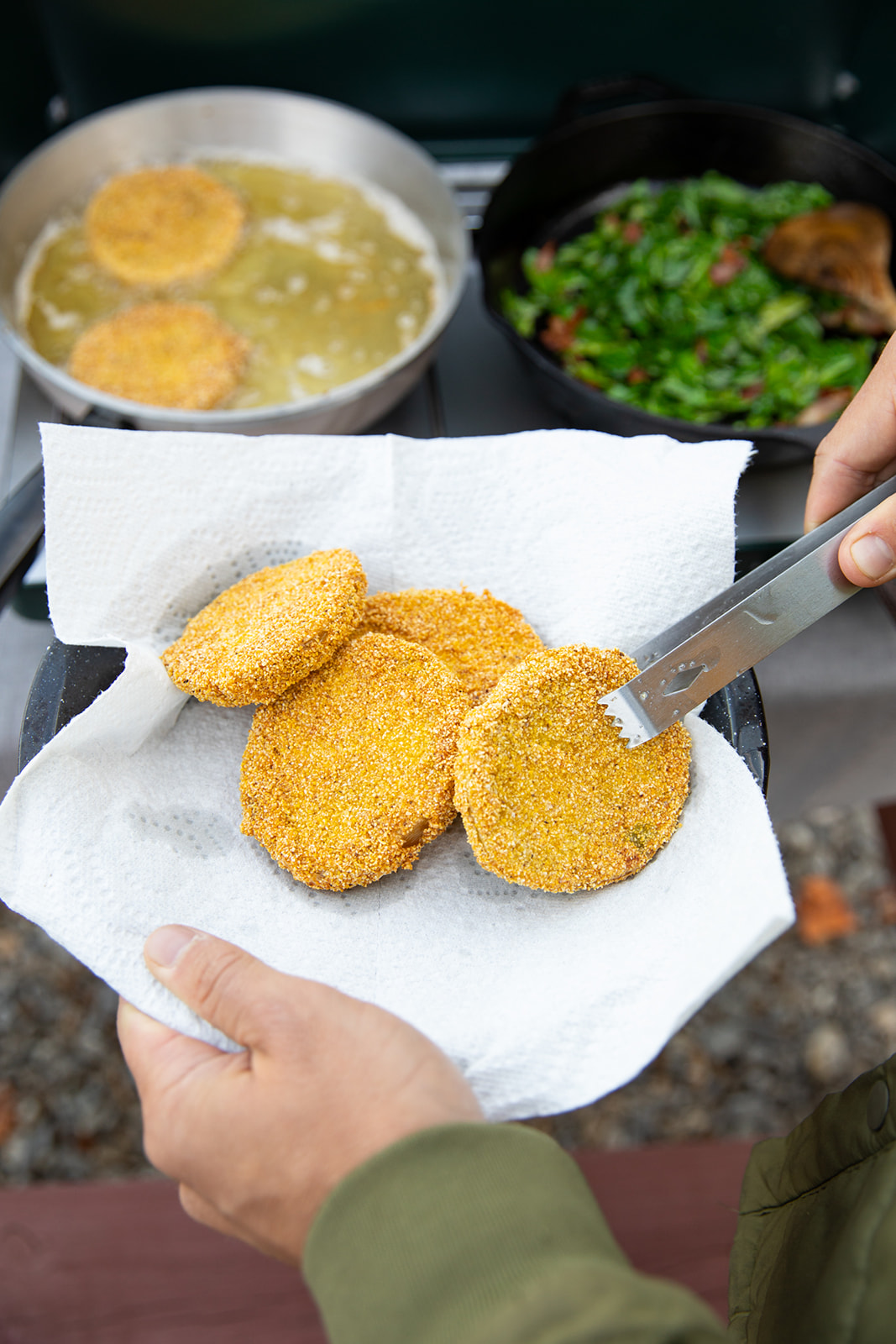 Fried green tomatoes out of the fryer. 