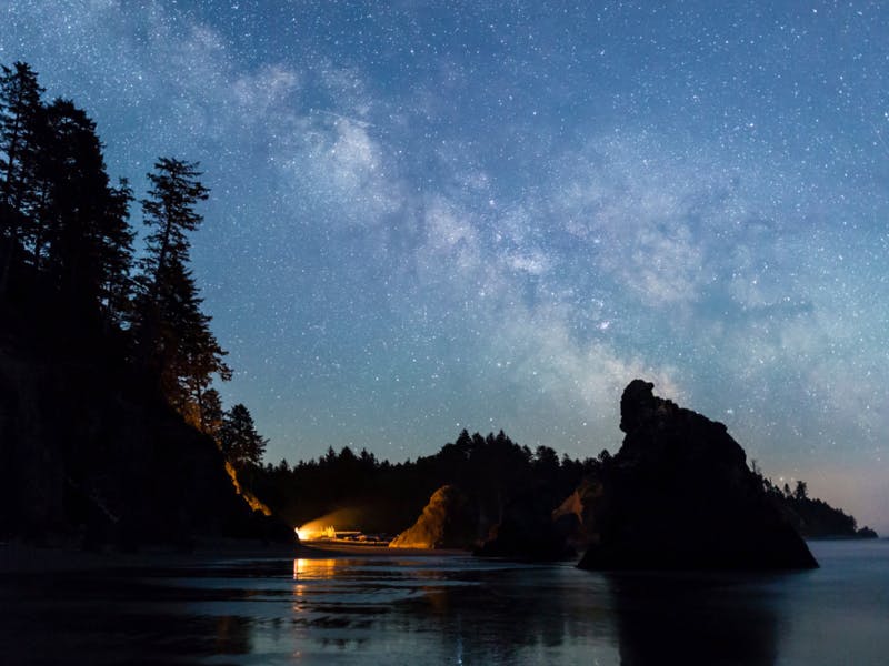 stars shine over campfire next to a lake and trees