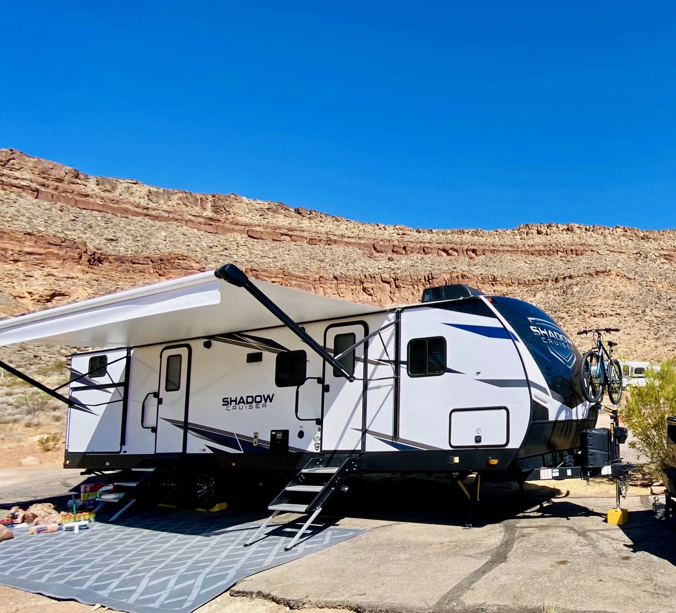 John King's Shadow Cruiser parked at a desert campsite.